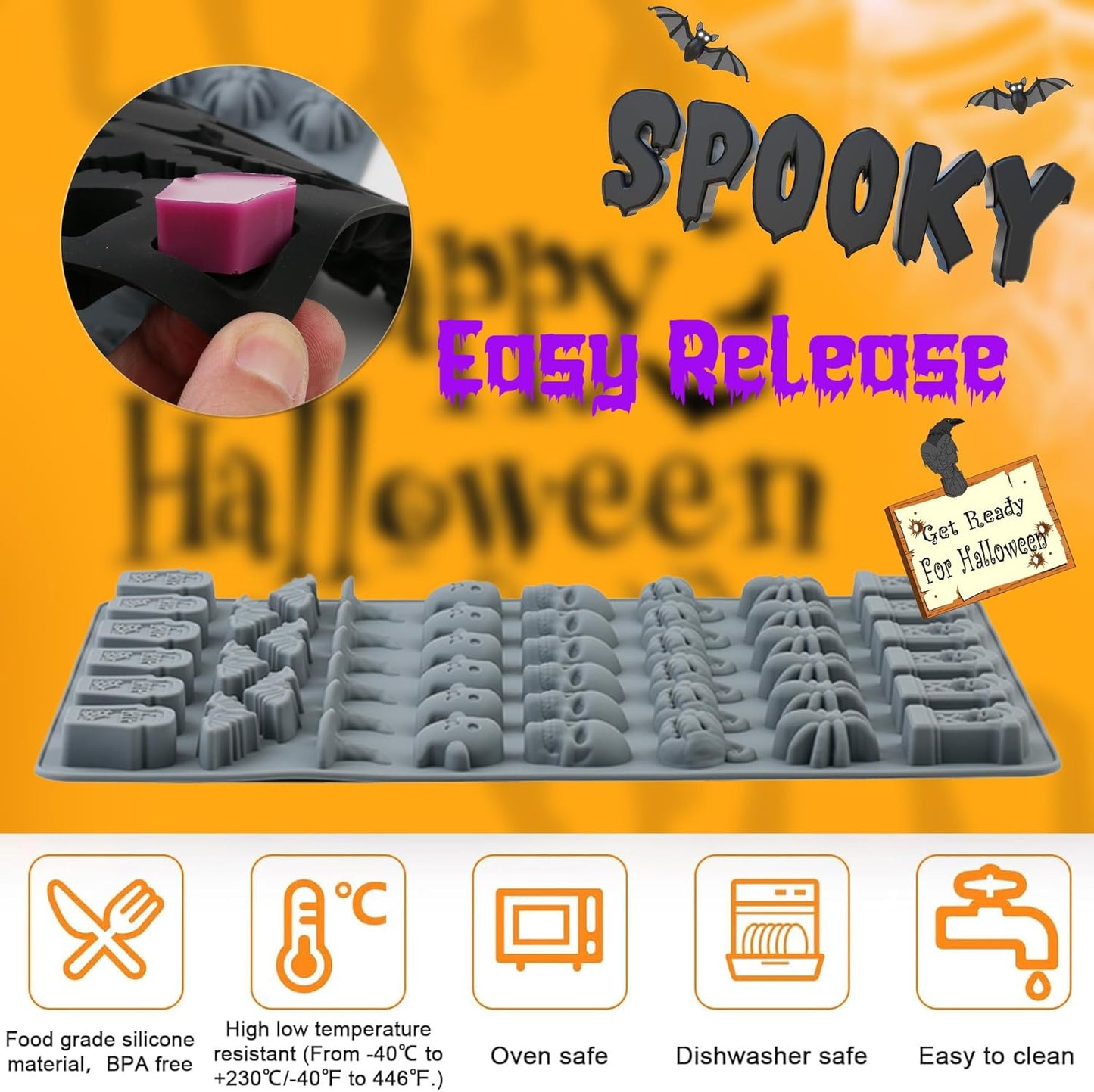 (2 Pack) Silicone Halloween Molds, 96-Cavity Pumpkin Ghost Wizard Hat Bat Spider Tombstone Skull Halloween Silicone Gummy Molds For Chocolate, Fondant, Cupcake Decoration, Biscut - Black&Gray