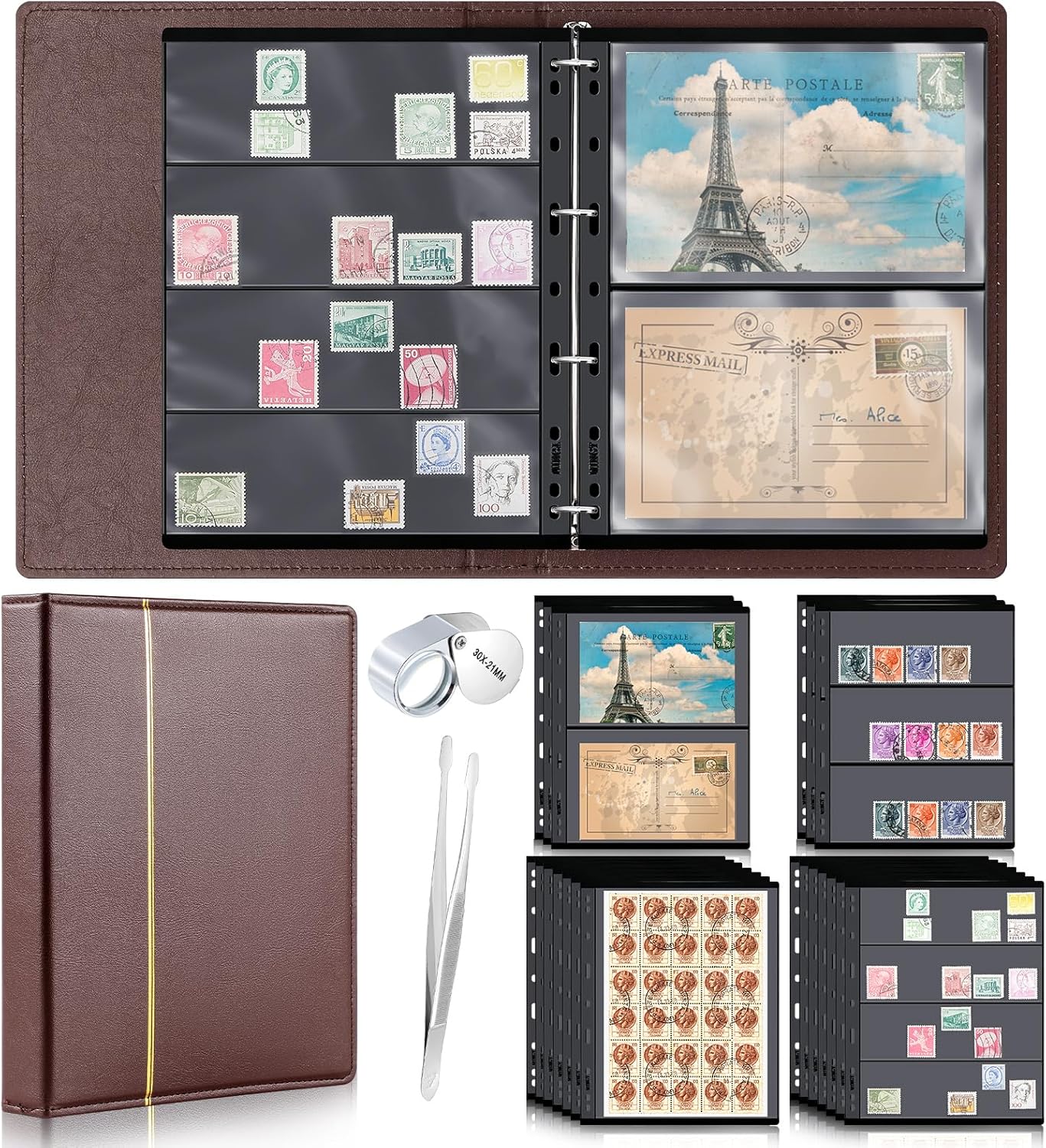 Lewtemi Stamp Collecting Albums Set Stamp Collection Book Include 20 Pages Album Binder Tweezer and Loop Magnifier Collecting Supplies for Collectors(Brown,1/2/3/4 Rows)