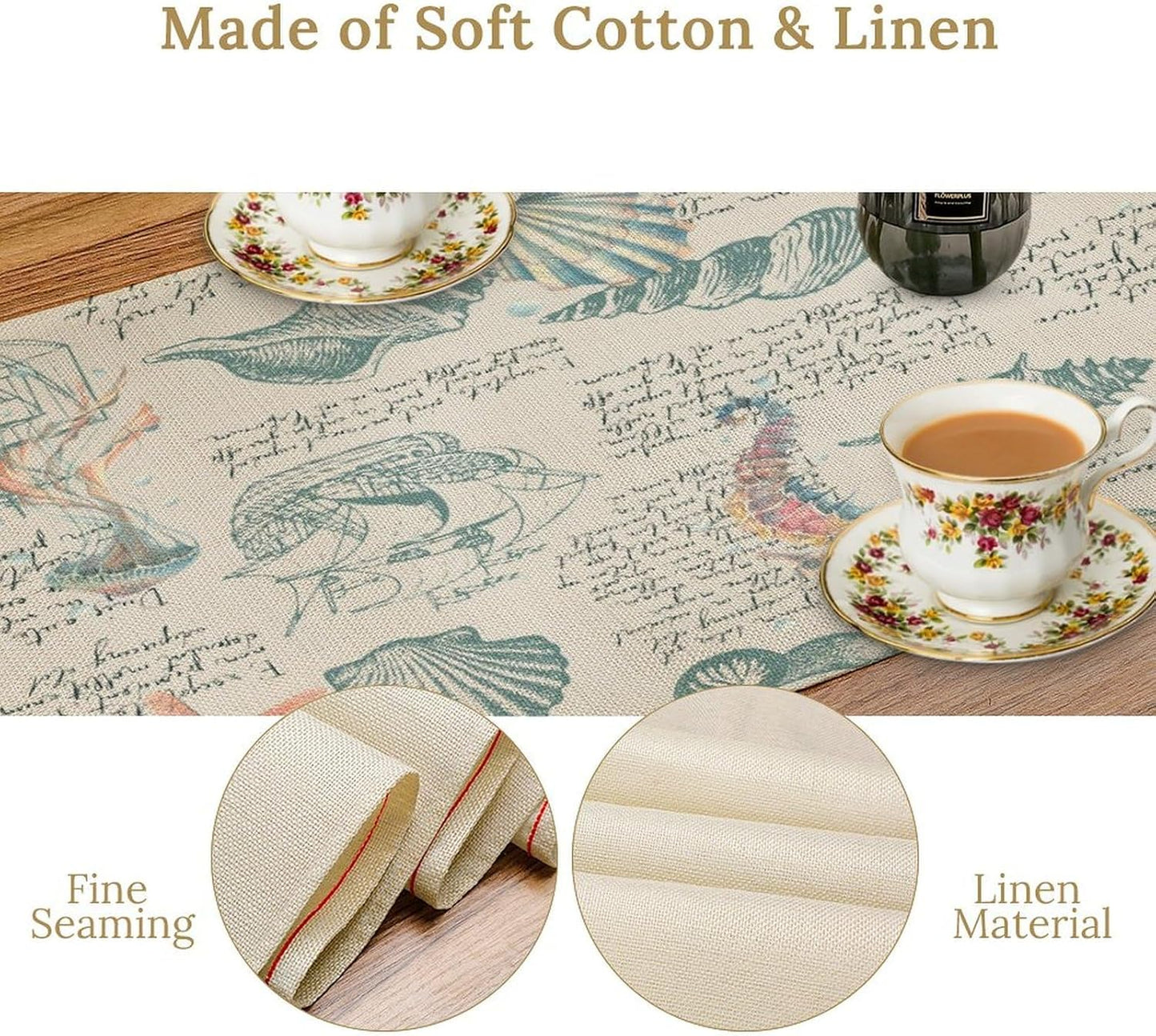 Starfish Table Runner,Seashells Beach Coastal Nautical Sailboat Jellyfish Vintage Hand Drawn Burlap for Hotel Indoors Outdoor Dining Room Kitchen Table Decor, 13x108in