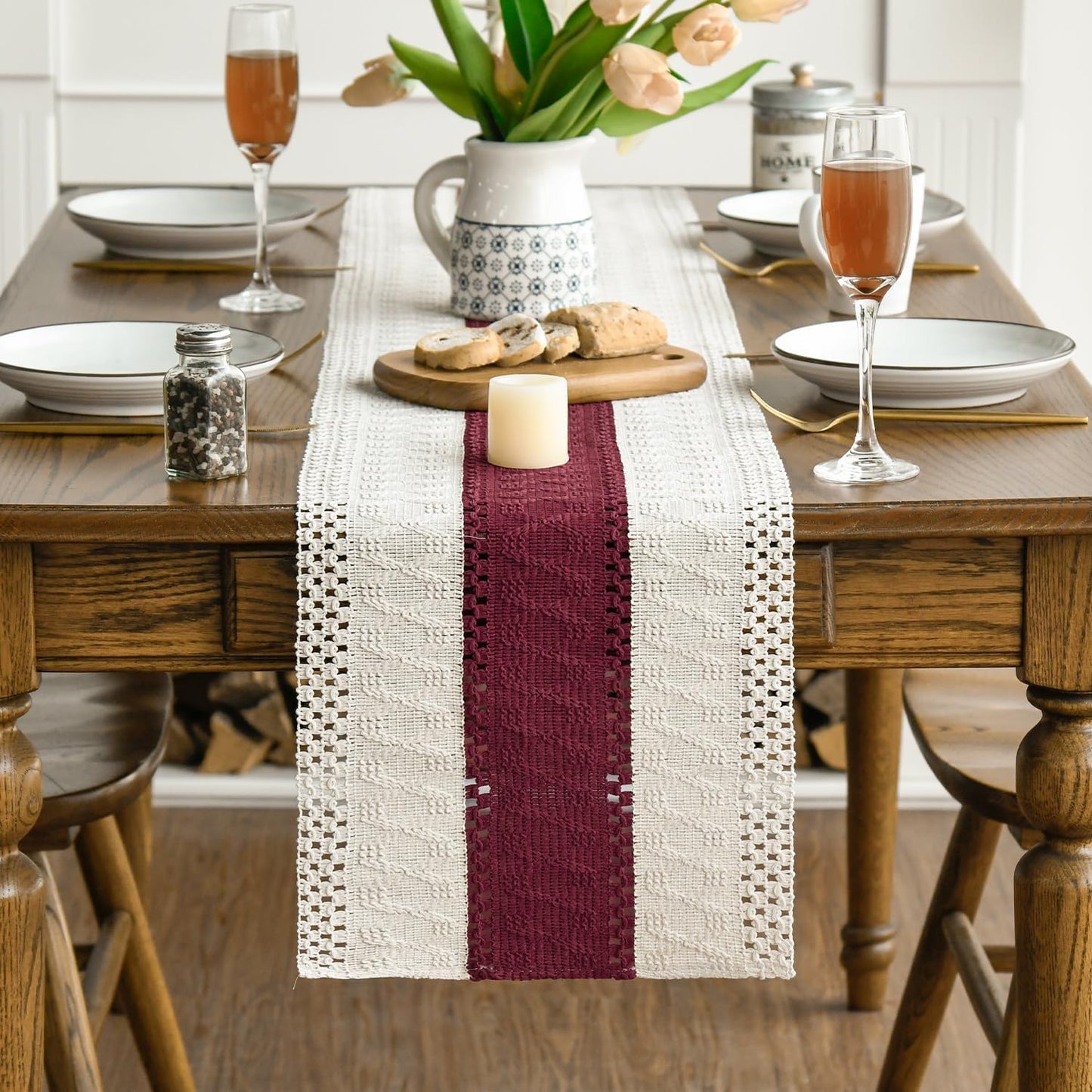 Artoid Mode Red Farmhouse Rustic Table Runner, Seasonal Holiday Hollow Kitchen Dining Table Decoration for Home Party Decor 12x60 Inch