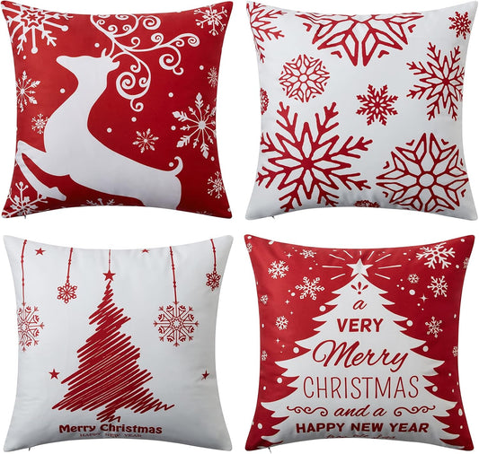 Christmas Pillow Covers 20x20 Set of 4 Farmhouse Christmas Tree Throw Pillow Case Snowflake Reindeer Decoration for Winter Holiday Decor Throw Cushion Case for Home Sofa Couch, Red and White