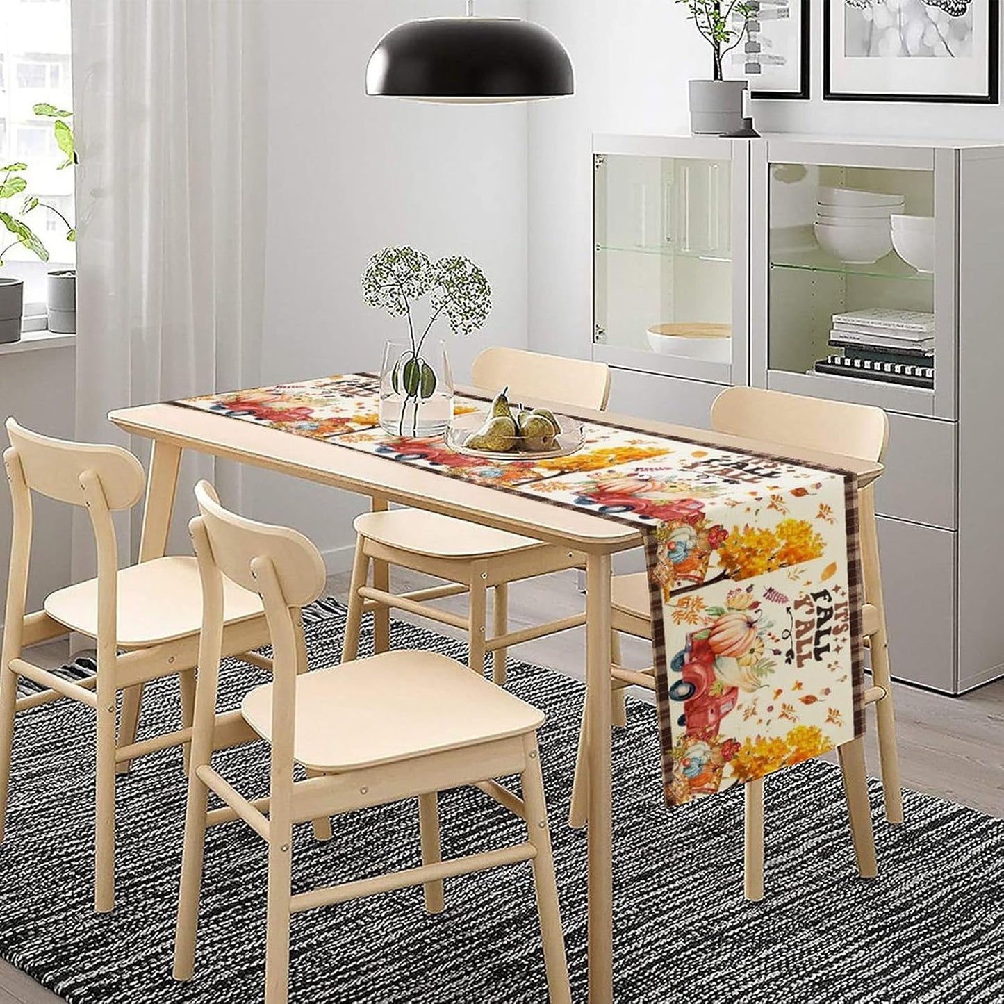 Fall Pumpkin Table Runner,Rustic Maple Yellow Leaf Trees Truncks Brown Plaid Tablecloth Burlap for Hotel Indoors Outdoor Dining Room Kitchen Home Decor,W13X L90 in