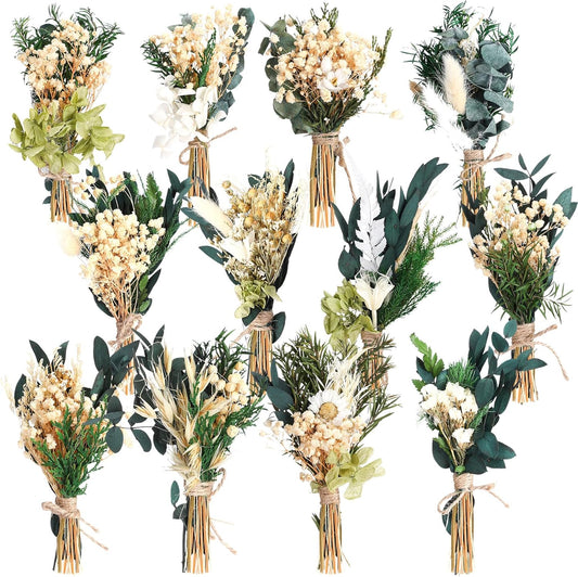 Layhit 12 Pack Boho Dried Flower Bouquet Mini Wedding Handmade Dry Flowers Decor for Vase Crafts DIY Photo Boutonniere for Men Floral Plant for Bridesmaid Gift Birthday Decor