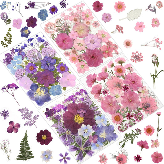 100 Pcs Dried Pressed Flowers for Crafts, Preserved & Dehydrated in Pink/Purple/Blue for Resin Art, Jewelry, Candle/Soap Making - Tweezers Included