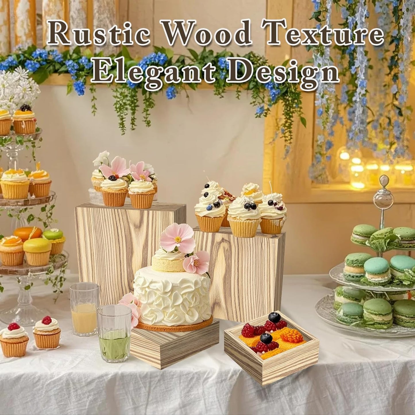 4 Pcs Buffet Risers, Wood Food Riser Dessert Display Stand for Party Wood Cupcake Stands Nesting Box for Display (Lightly Burnt)