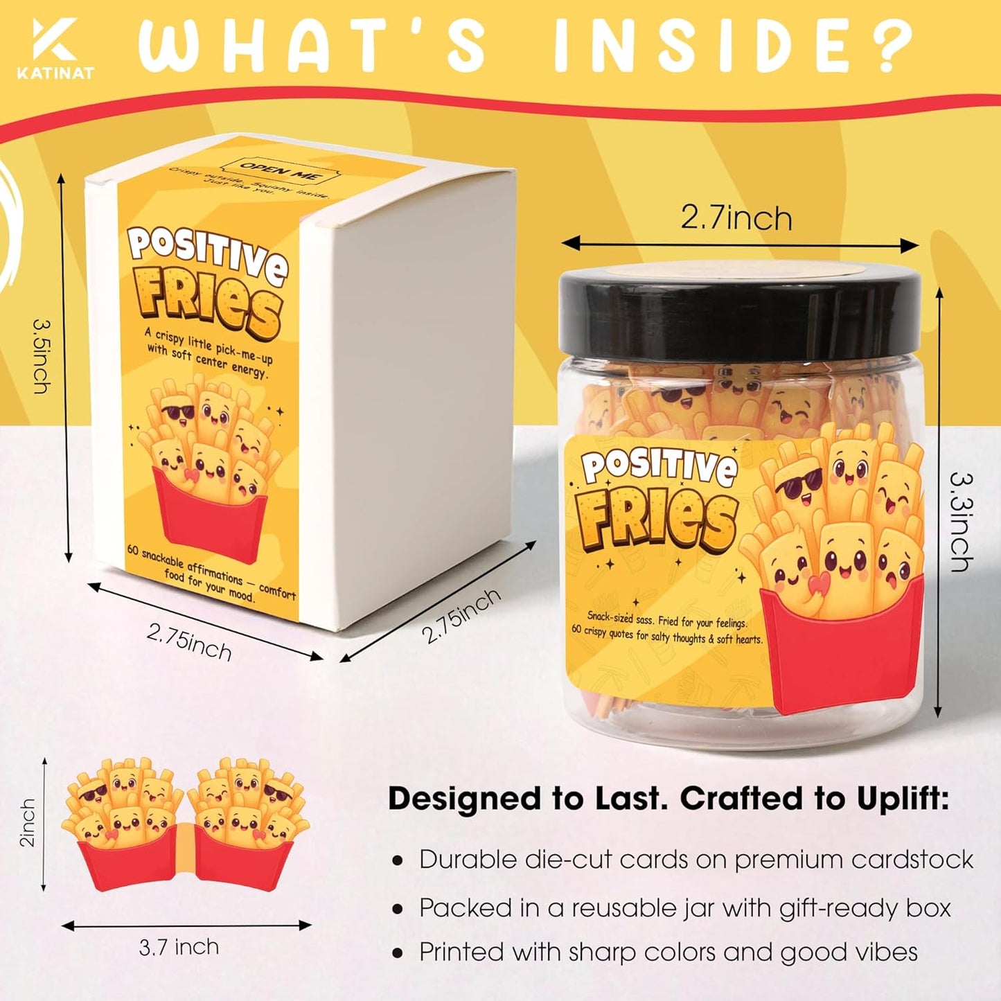 Positive Fries Jar – 60 Funny Affirmation Cards, Emotional Support Fries for Friends, Teens, Coworkers, Funny Foodie Gifts for Stress Relief and Positivity