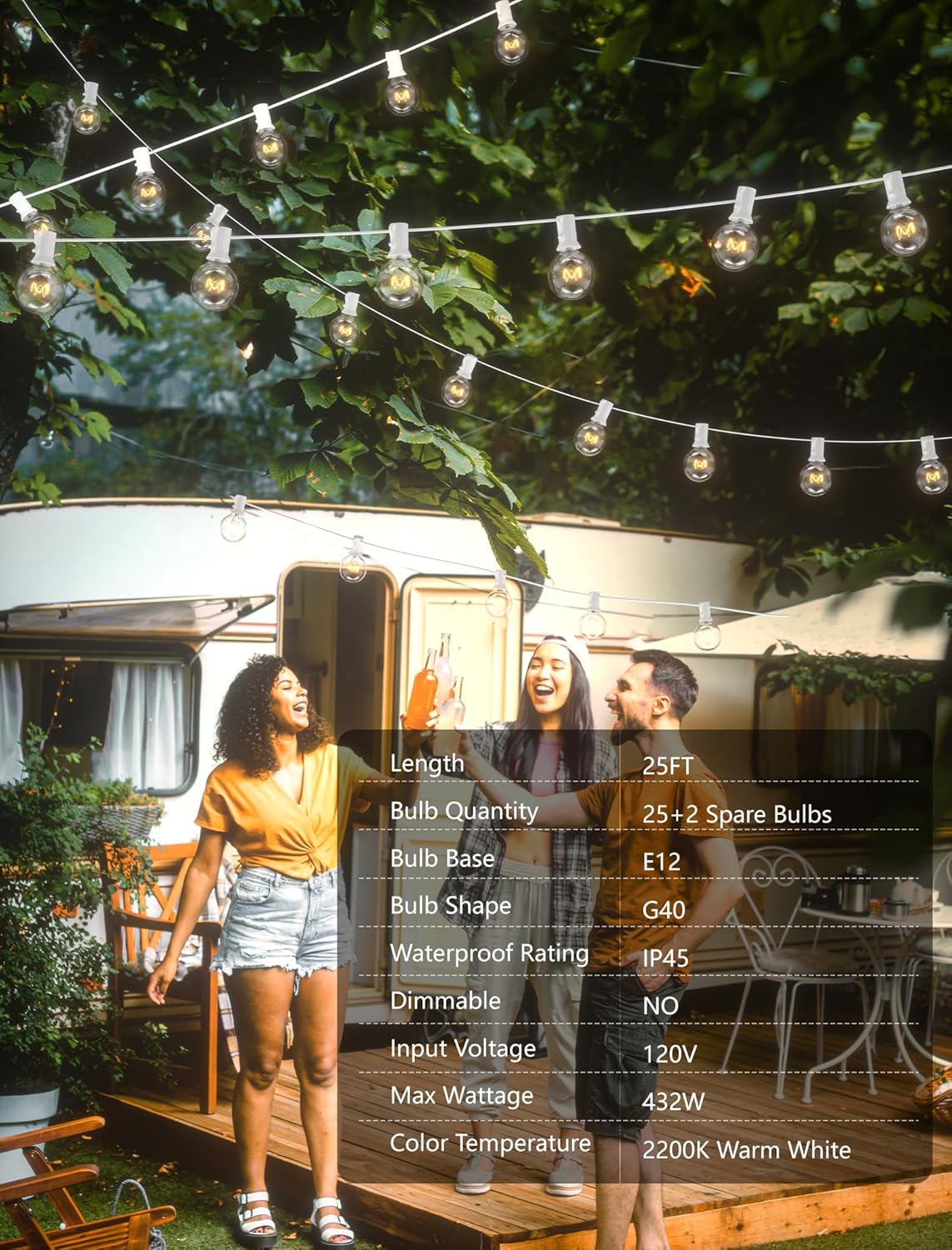 SUNSGNE 25FT Globe String Lights, G40 Outdoor String Lights with 27 Clear Edison Bulbs(2 Spare) for Patio Balcony Decoration - White Wire