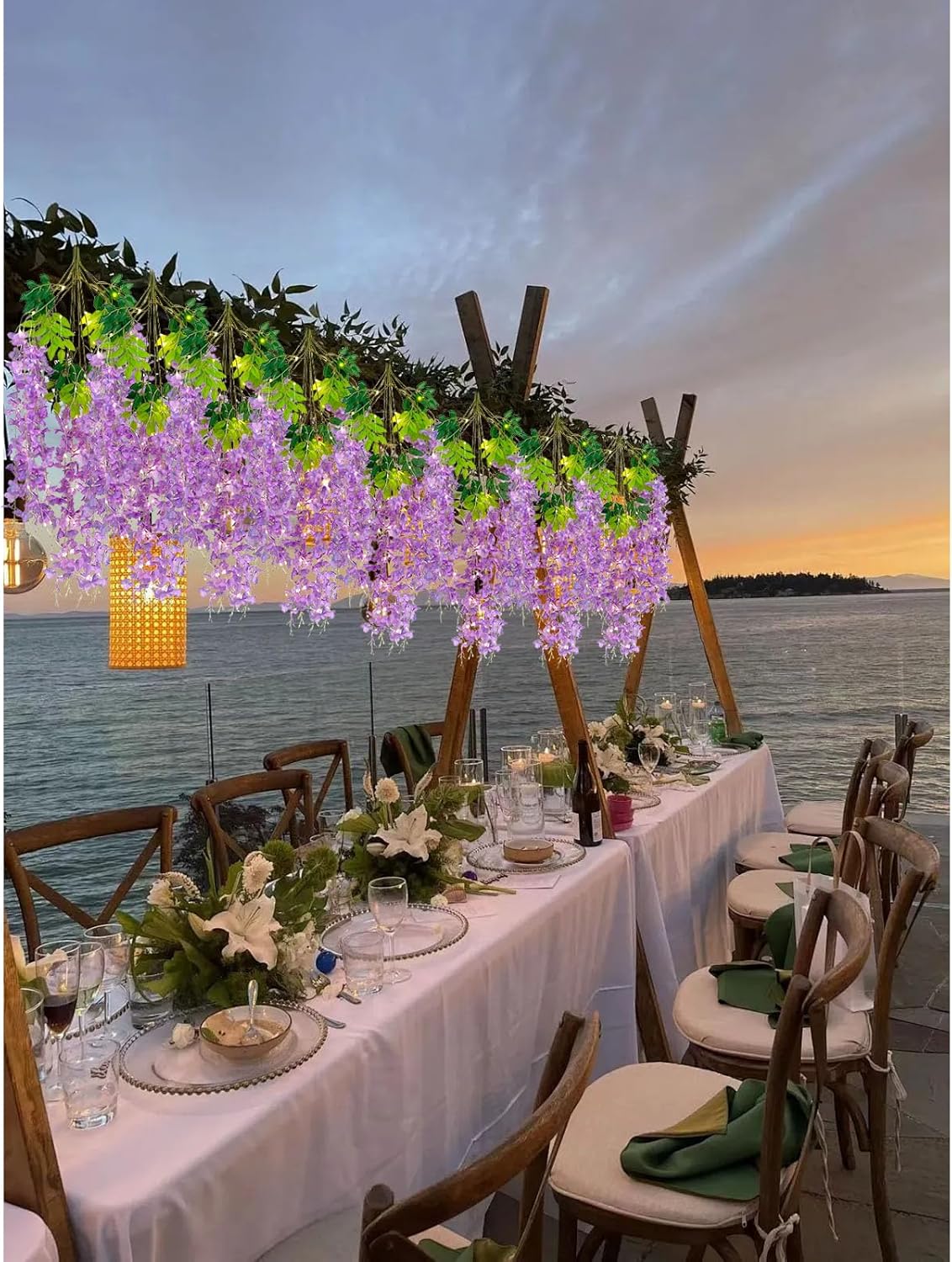 12 Pack Light Purple Wisteria Hanging Flowers Garland with Lights, 3.44 Feet Artificial Flower Vines, Fake Wisteria, Artificial Vines Hanging Garland for Backdrop Outdoor Patio Garden Decor