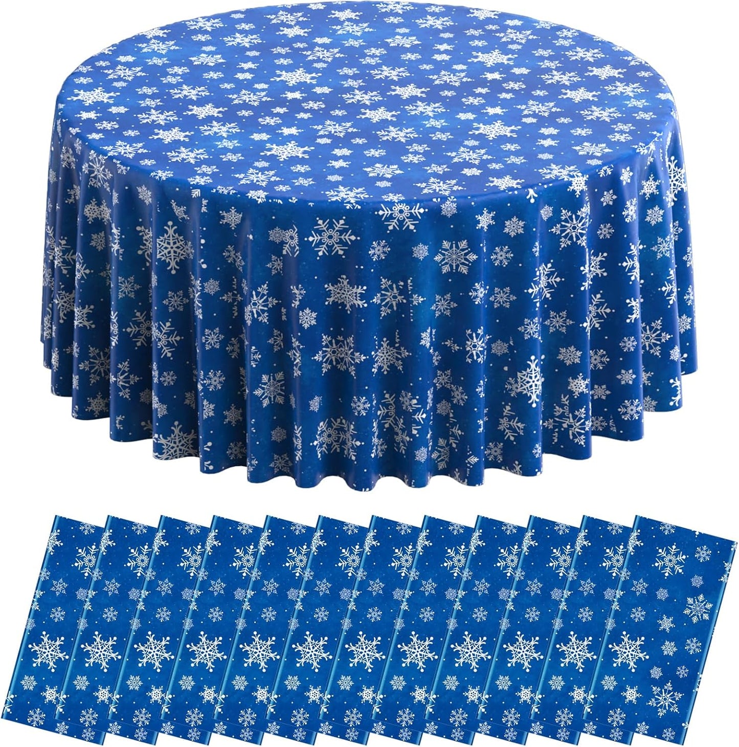 Jectivs 12 Pieces Christmas Snowflake Plastic Party Tablecloth Decorations,Disposable White Snowflake Blue Xmas Round Table Cover Backdrop for Winter Christmas Holiday Party Supplies,84 inch (Blue)