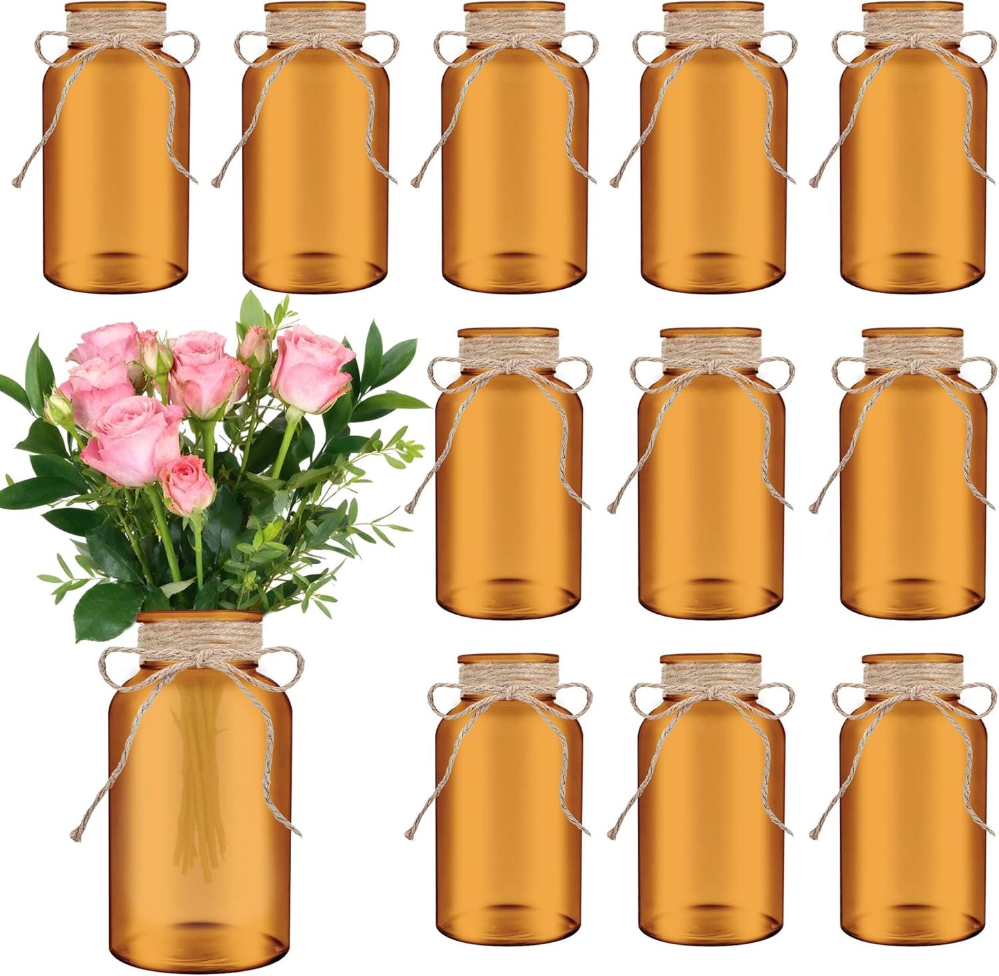 Vintage Glass Flower Vase，12 Pack Farmhouse Amber Gold Glass Centerpiece Vases Mason Jars for Weddings, Parties & Home Decor Bulk (12, Amber)