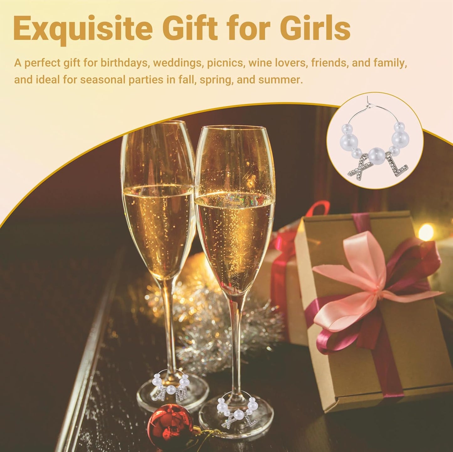 50 Sets Wine Glass Charms, Wine Charms for Stem Glasses, DIY Reusable Drink Markers for Weddings & Bachelorette with Alphabet Beads