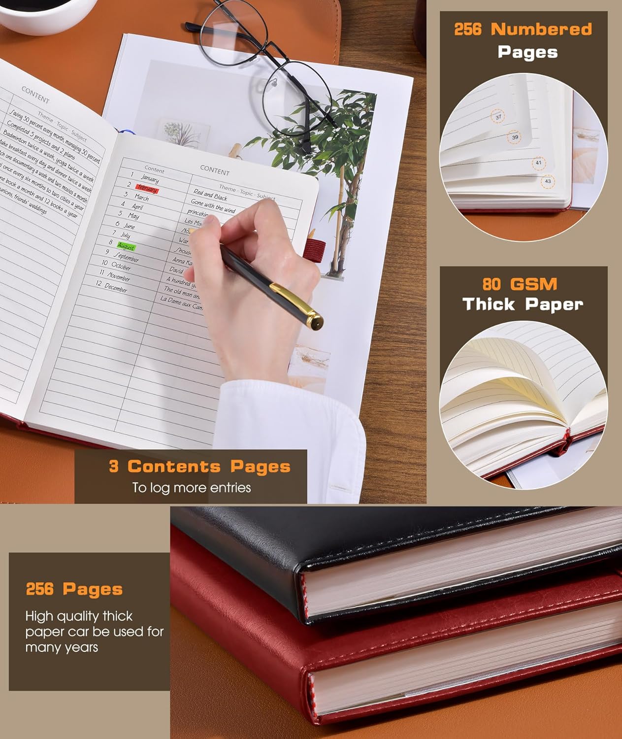 Lined Journal Notebook for Women Men, 256 Numbered Pages Hardcover Leather Journals for Writing, A5 Journaling Notebooks, College Ruled Journal for Business Work School 5.75" x 8.38" Wine Red