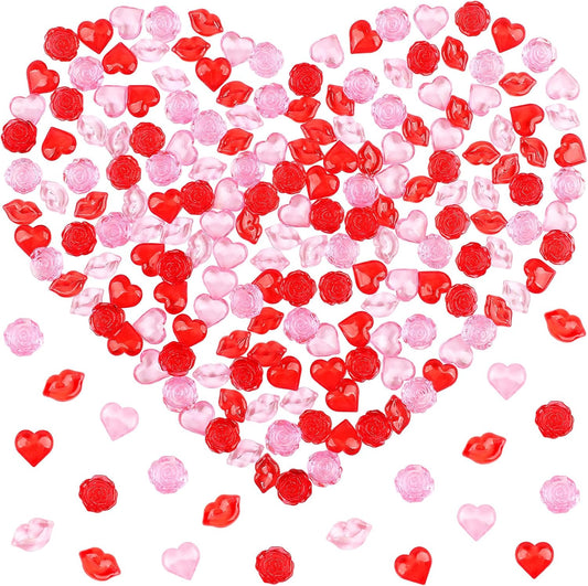 Fangoo 180PCS Red Pink Acrylic Heart Ornaments Mini Acrylic Heart Rose Flower Lips Gems for Valentine Vase Filler Decor for Table Scatter Engagement Valentine's Day Wedding Anniversary Party