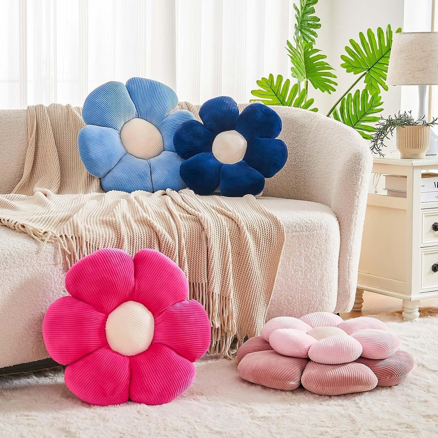 Dusty Blue Flower Pillow, 17.7" Cute Flower Shaped Floor Pillow, Aesthetic Floral Plush Daisy Decorative Throw Pillows for Bed Sofa Couch