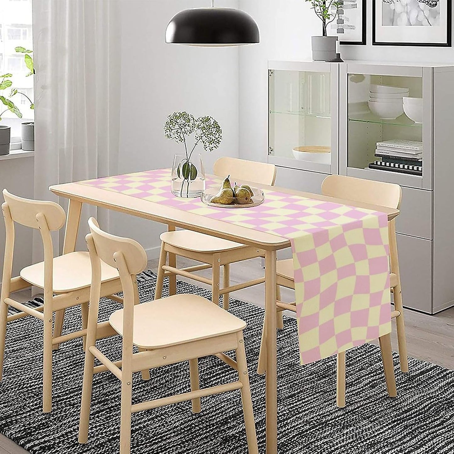 Hippie Table Runner Retro Geometric Square Purple Grid 60s70s Style Kitchen Restaurant Decoration for Indoor and Outdoor Wedding Party Table Runner 13x60 Inch