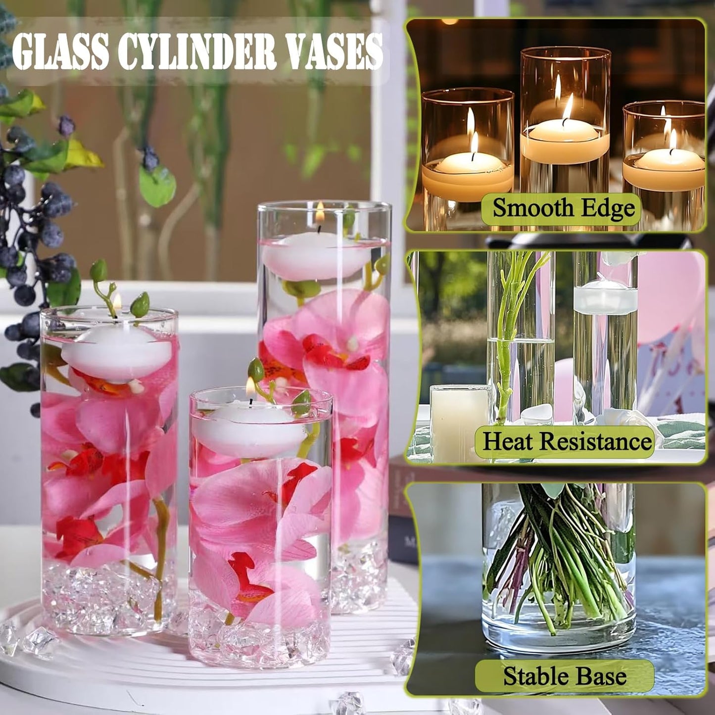 20 PCS White Floating Candles and 16 PCS Glass Vases for Centerpieces with 400 Fake Ice Acrylic Rocks Vase Filler Floating Candle Centerpieces for Tables Party Wedding Home Decoration