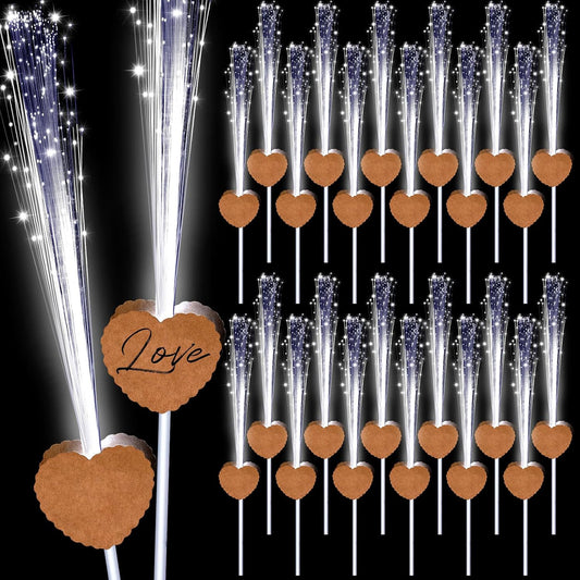 24 Pcs Wedding Sparklers Heart Shaped LED Glow Sticks Fiber Optic Wands Light up Wand with 3 Light Mode for Wedding Bridal Shower Birthday Glow in the Dark Party Supplies (Brown)