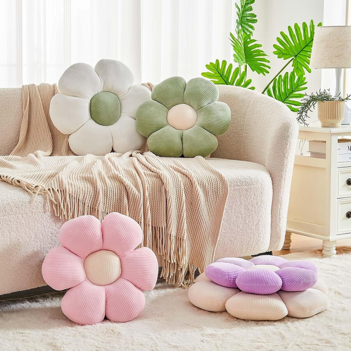 Beige Flower Pillow, 14.9" Cute Flower Shaped Floor Pillow, Aesthetic Floral Plush Daisy Decorative Throw Pillows for Bed Sofa Couch