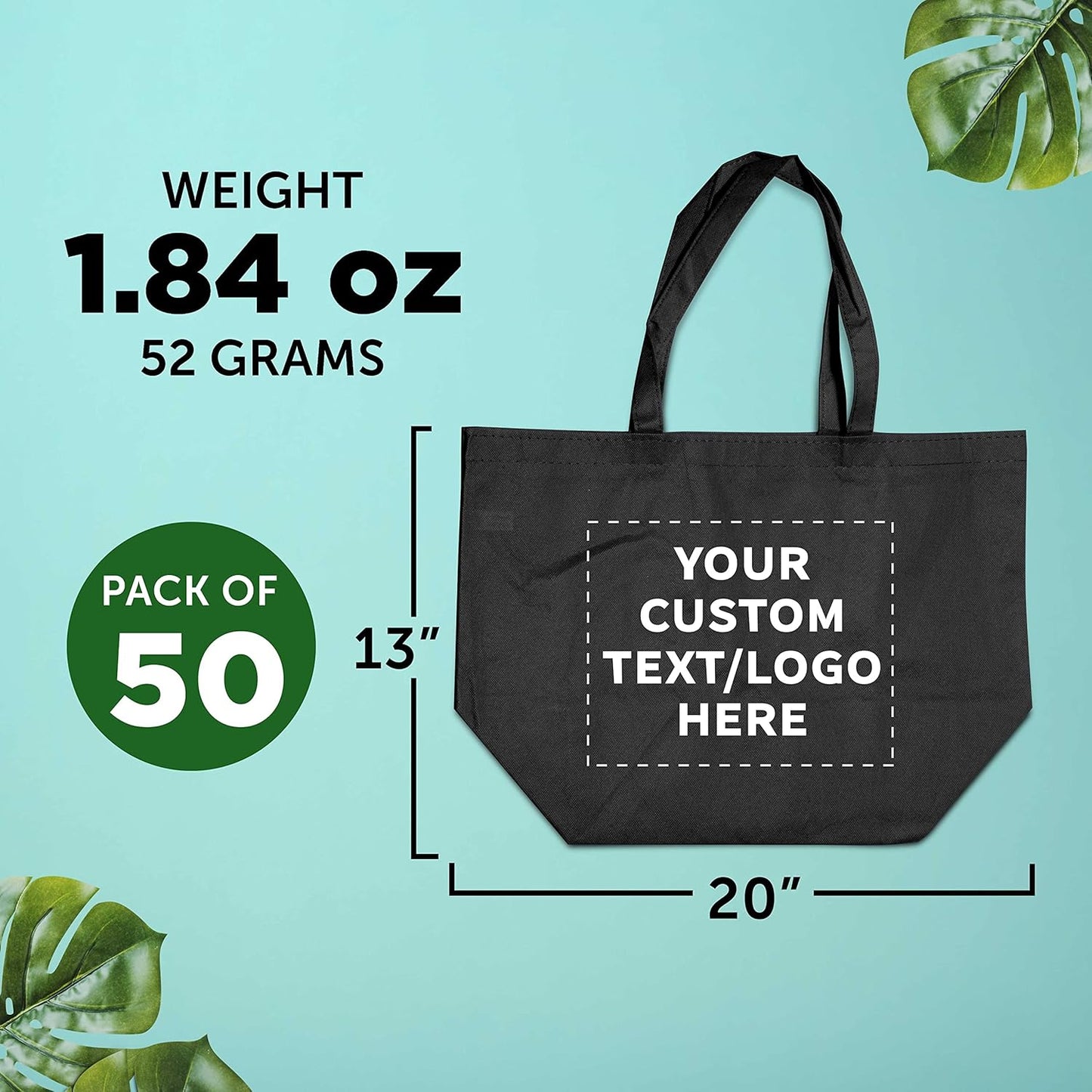 DISCOUNT PROMOS Custom Southern Style Grocery Tote Bags Set of 50 - Personalized Bulk Pack, Reusable Grocery & Shopping Bags - Great for Travel, Carry on Bag, Business Promotions - Black - 20"X13"X8"