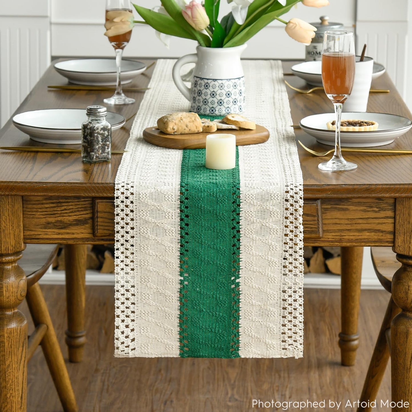 Artoid Mode Dark Green Farmhouse Rustic Table Runner, Seasonal Holiday Hollow Kitchen Dining Table Decoration for Home Party Decor 12x108 Inch
