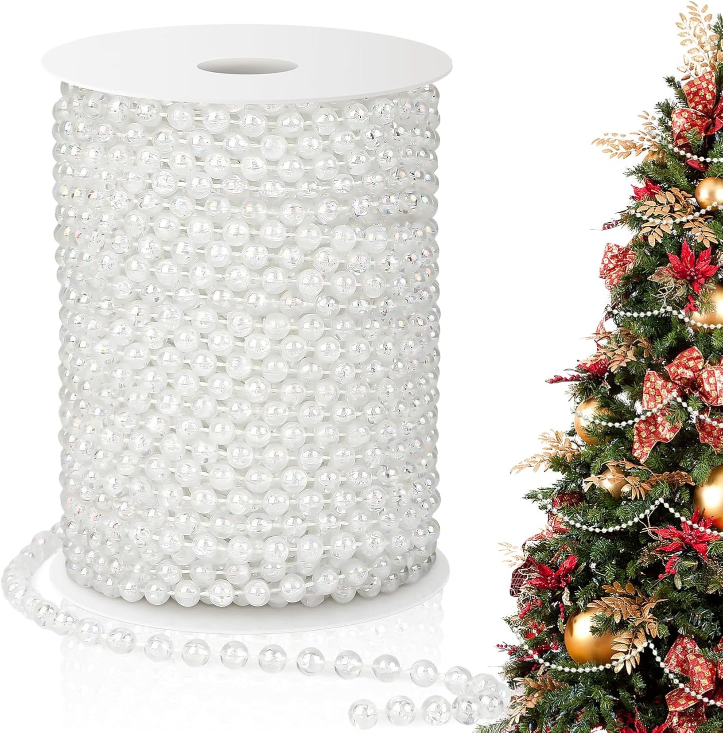 Pearl Beads Garland, 6 MM Clear Faux String of Pearls, Pearl Garland for Christmas Tree 82FT Pearl Beads Strand Spool Bead Roll for Crafts Floral Centerpieces Wedding Party Christmas Tree Decorations