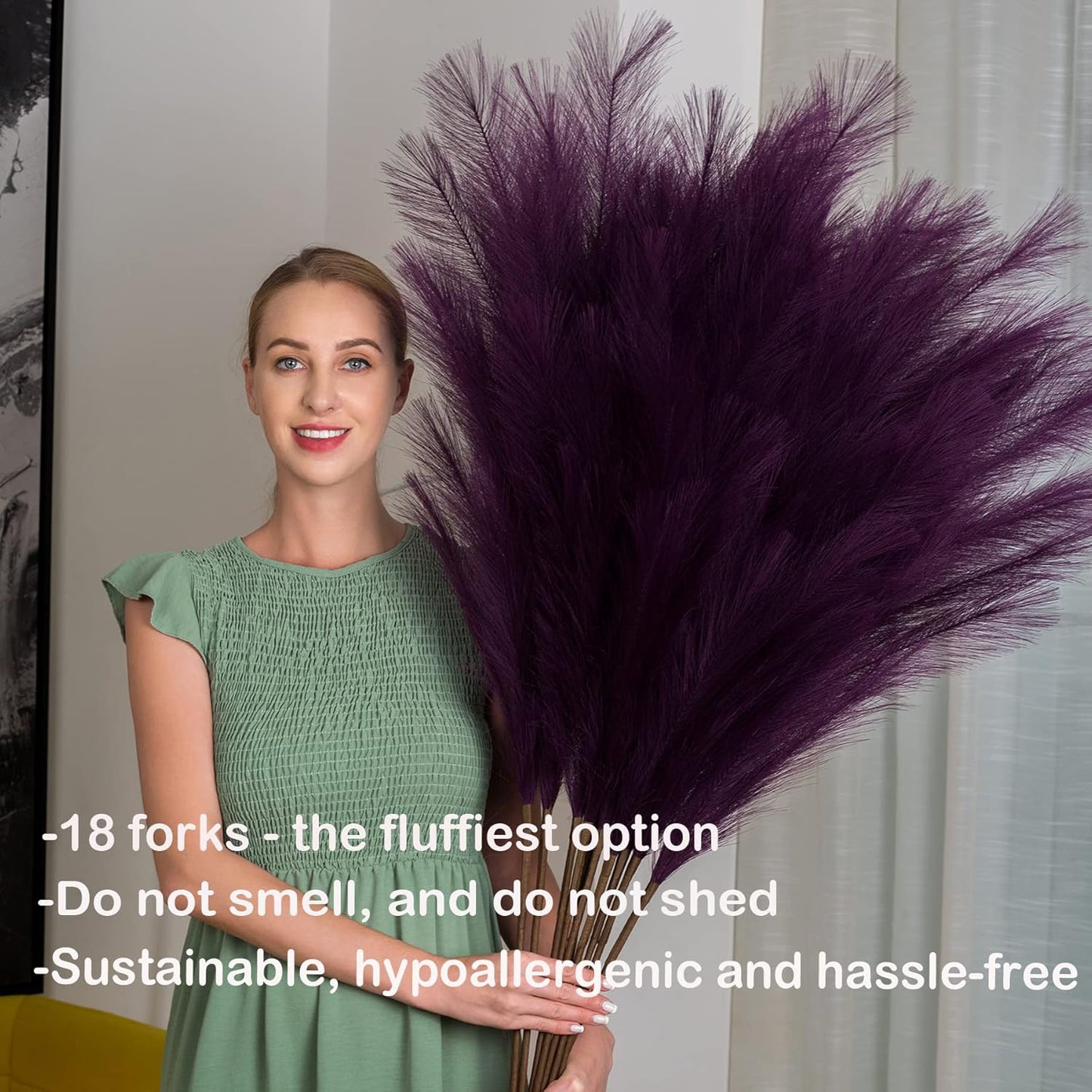 EVODIS Pampas Grass Decor Tall, 43"/110cm Faux Pampas Grass 6 Stems Large Pompass Grass Branches Tall Bulk Boho Flower Arrangement for Home Room Wedding Party Decor(Purple)