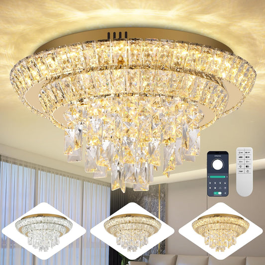 18 inch Crystal Gold Ceiling-Light Flush Mount with Remote Control and APP, 3CCT Dimmable & Brightness Adjustable, Modern Crystal Raindrop Chandeliers for Bedroom Hallway Dinning Room Living Room