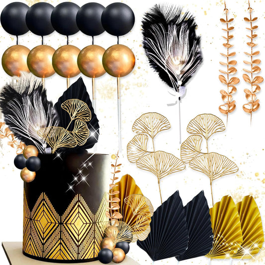 Boho Cake Topper Man Cake Toppers Happy Birthday Cake Topper Black Gold Balls Cake Decorations for Roaring 20s Cake Decoration Wedding Baby Shower Party Decoration