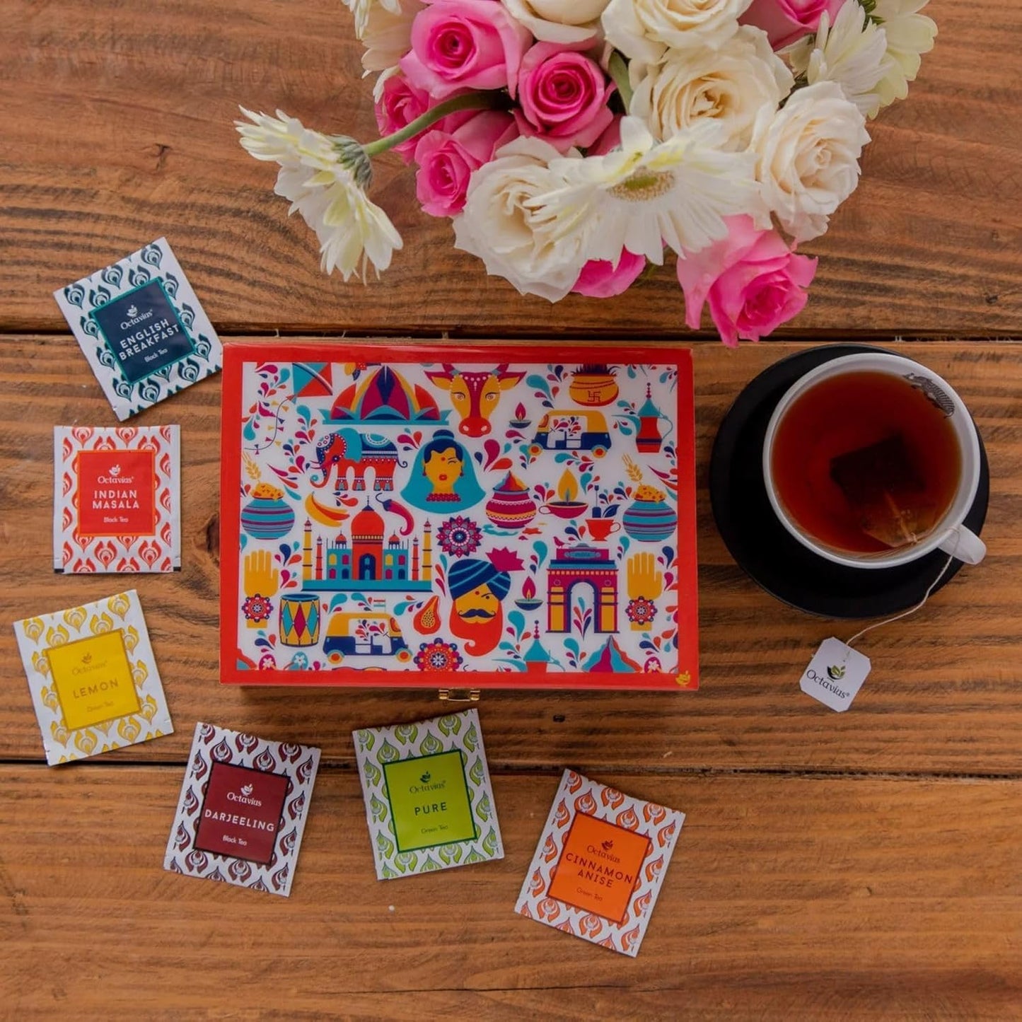 Octavius Gift's Select - Assorted Tea in Multi Design Printed Wooden Box | 6 Flavors, 90 Tea Bags | Black & Green Tea | Tea Gifts for Women & Men | Tea Variety Pack