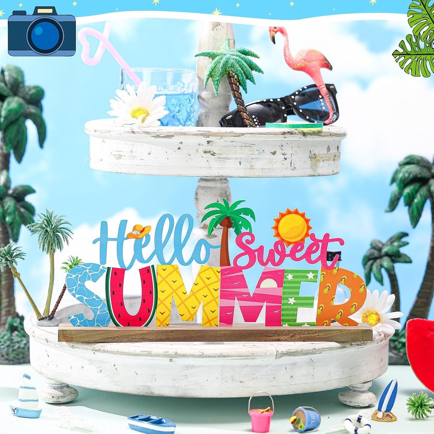 Hello Sweet Summer Metal Sign Rustic Table Decor Holiday Tiered Tray Decor with Wooden Base Freestanding Metal Word Sign for Home Tabletop Centerpiece Mantel Shelf Fireplace