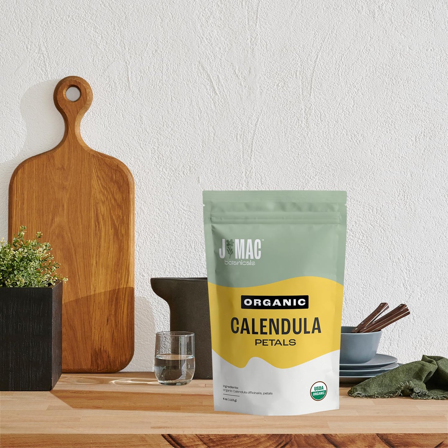 J Mac Botanicals, Organic Calendula Petals (4 oz) edible dried flowers petals, pairs well with edible dried rose petal, edible flowers for ice cubes, edible flowers for food, beverages, bath bombs