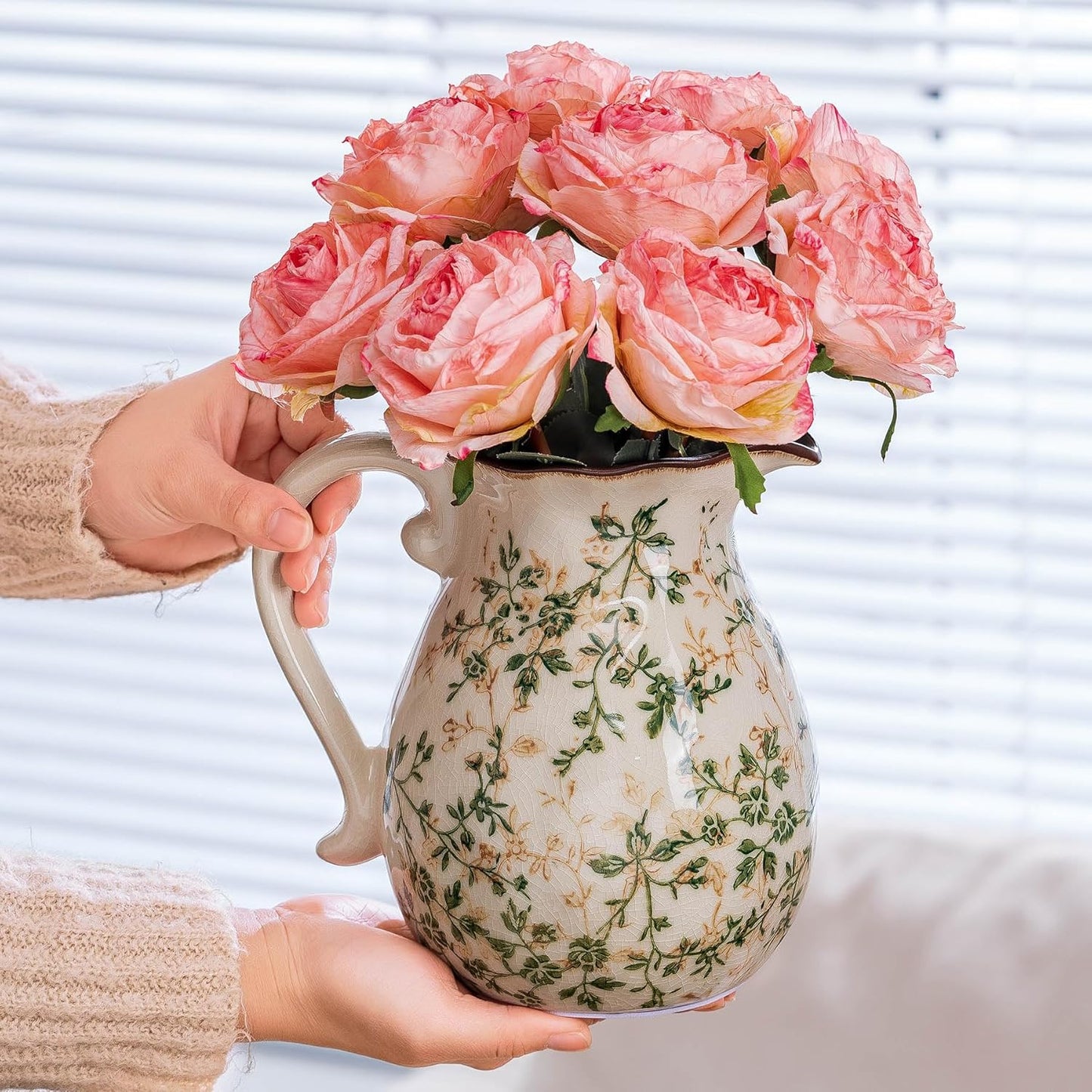 Green and White Vintage Vase with Handle, Chinoiserie Floral Pitcher Vase, Rustic Ceramic Farmhouse Vases for Home Decor, Living Room, Bookshelf, Office, Grand Millennial Decors, Tuscan Decor 7.9 Inch