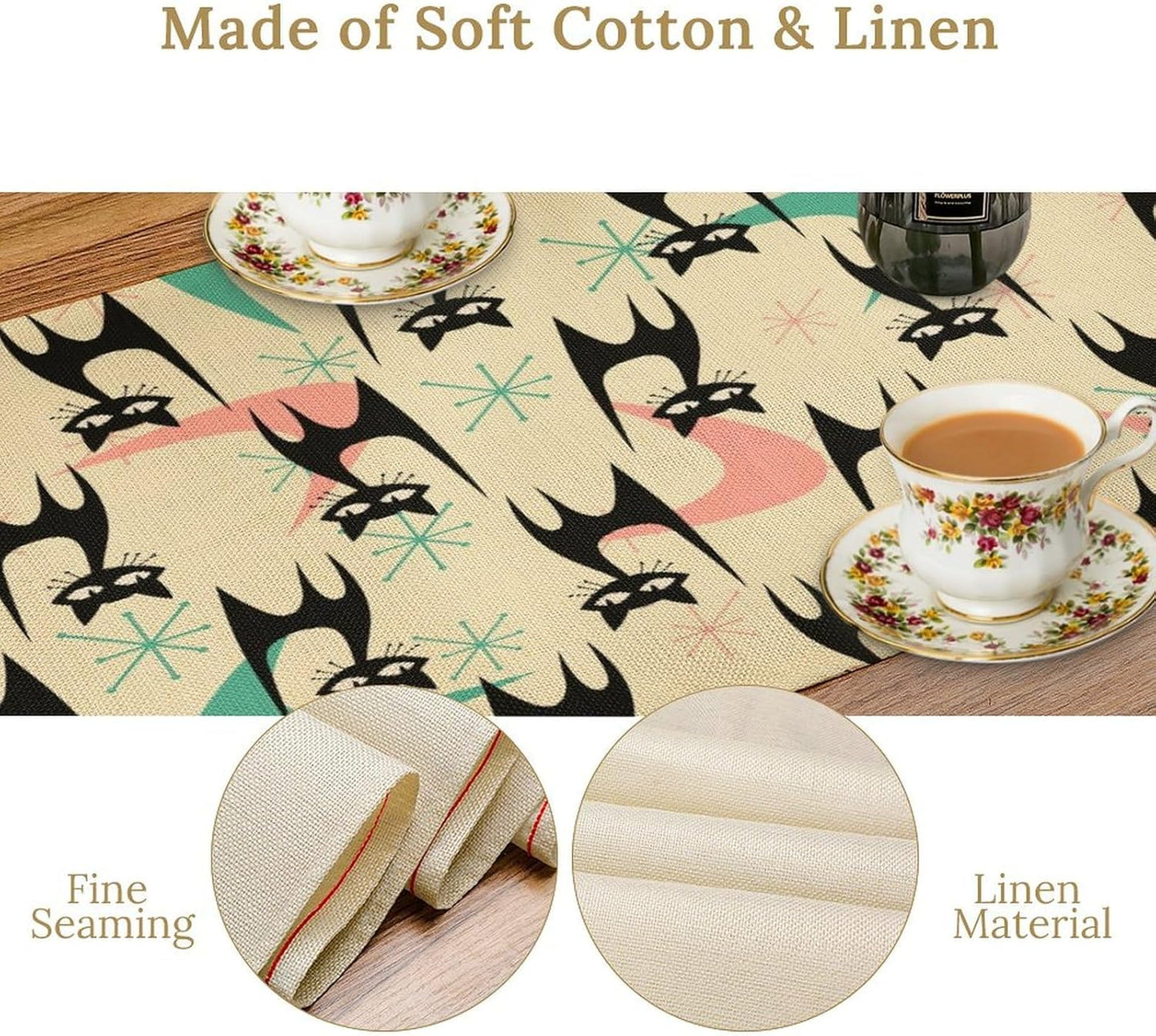 Mid Century Table Runner,Cat Geometric Stripe Colorful Abstract Pattern Print Tablecloth Burlap for Hotel Indoors Outdoor Dining Room Kitchen Holiday Party, 13x70in