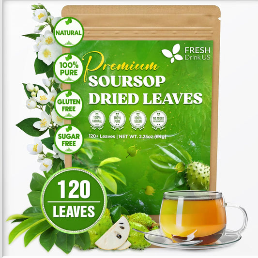 FreshDrinkUS, 120+ Premium Soursop Graviola Dried Leaves Tea, 40 Cups, 120-130 Natural Leaves, Whole Leaves, Wildcrafted, Graviola, Hoja Guanabana, Soursop Loose Leaf Herbal Tea, No Gluten, Vegan