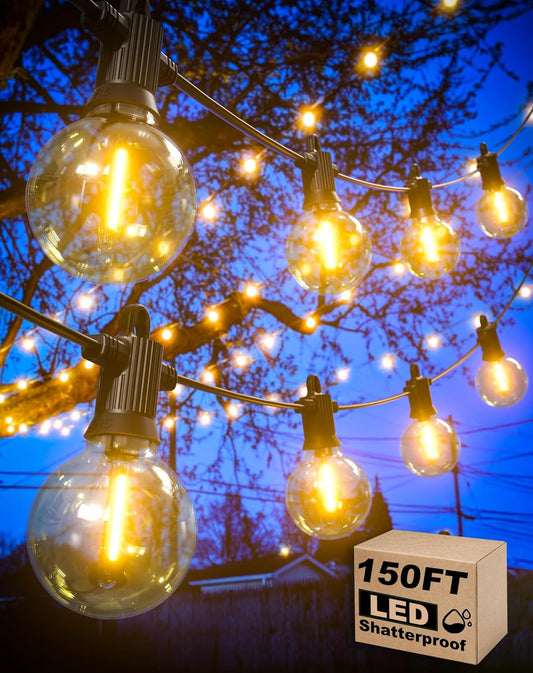Outdoor String Lights, 150FT Patio Lights with 75 Shatterproof G40 Globe Bulb(3 Spare), Waterproof Connectable Dimmable LED Hanging String Lights for Outside Backyard Porch Balcony(2x75FT)
