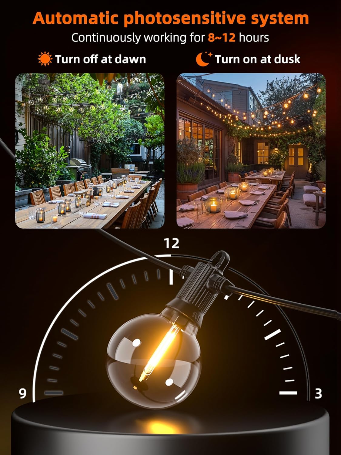 Kawaya Solar Powered String Lights for Outside, Outdoor IP65 Waterproof LED Patio Light with USB-Charging, Shatterproof Edison Hanging Lights for Bistro Yard Cafe Porch Camping (Solar-Powered 50FT)