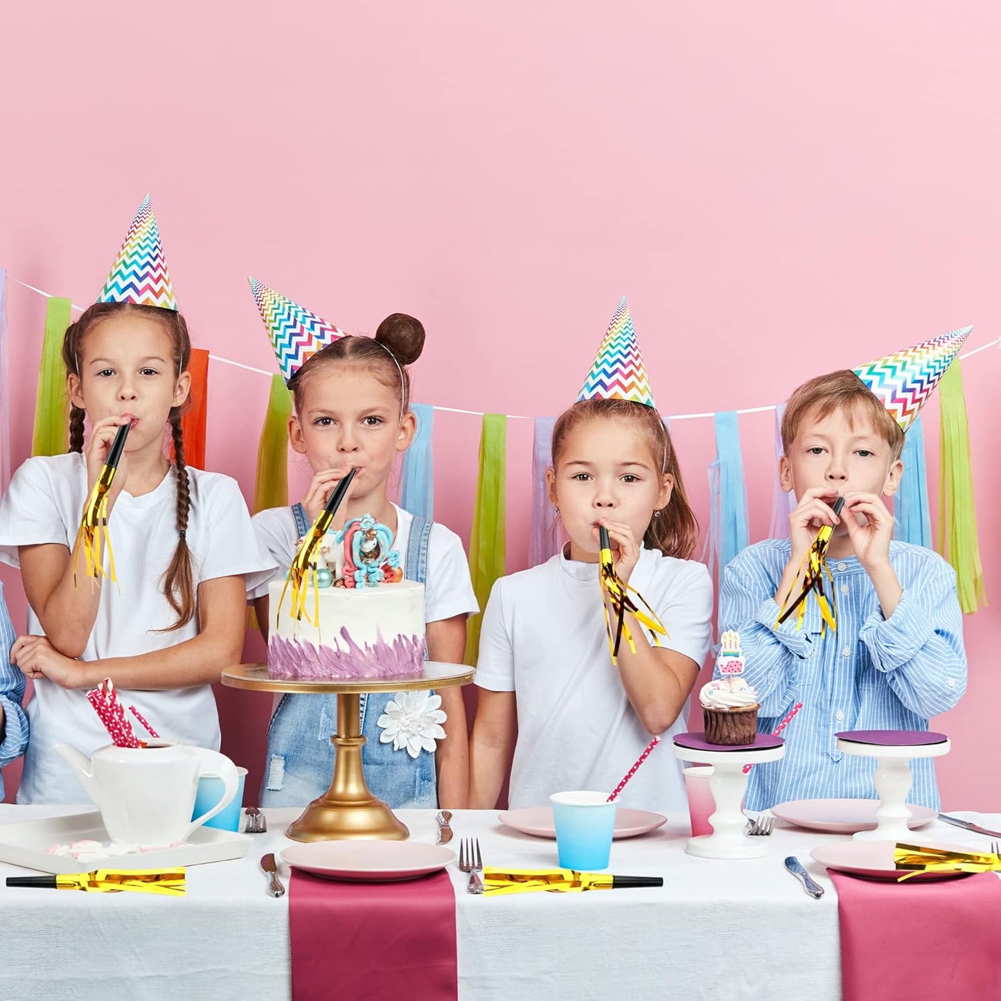 102 Pieces Glitter Gold Fringed Noise Maker Musical Blow Outs Musical Blowouts whistle Party Blow Horns for Kids Birthday Holiday New Years Party Favors Goodie Bag Stuffers Fillers