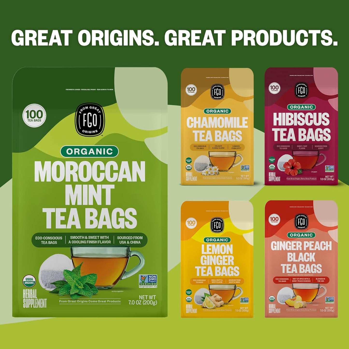 FGO Organic Moroccan Mint Green Tea, 100 Count, Eco-Conscious Tea Bags, Resealable Bag, Packaging May Vary (Pack of 1)