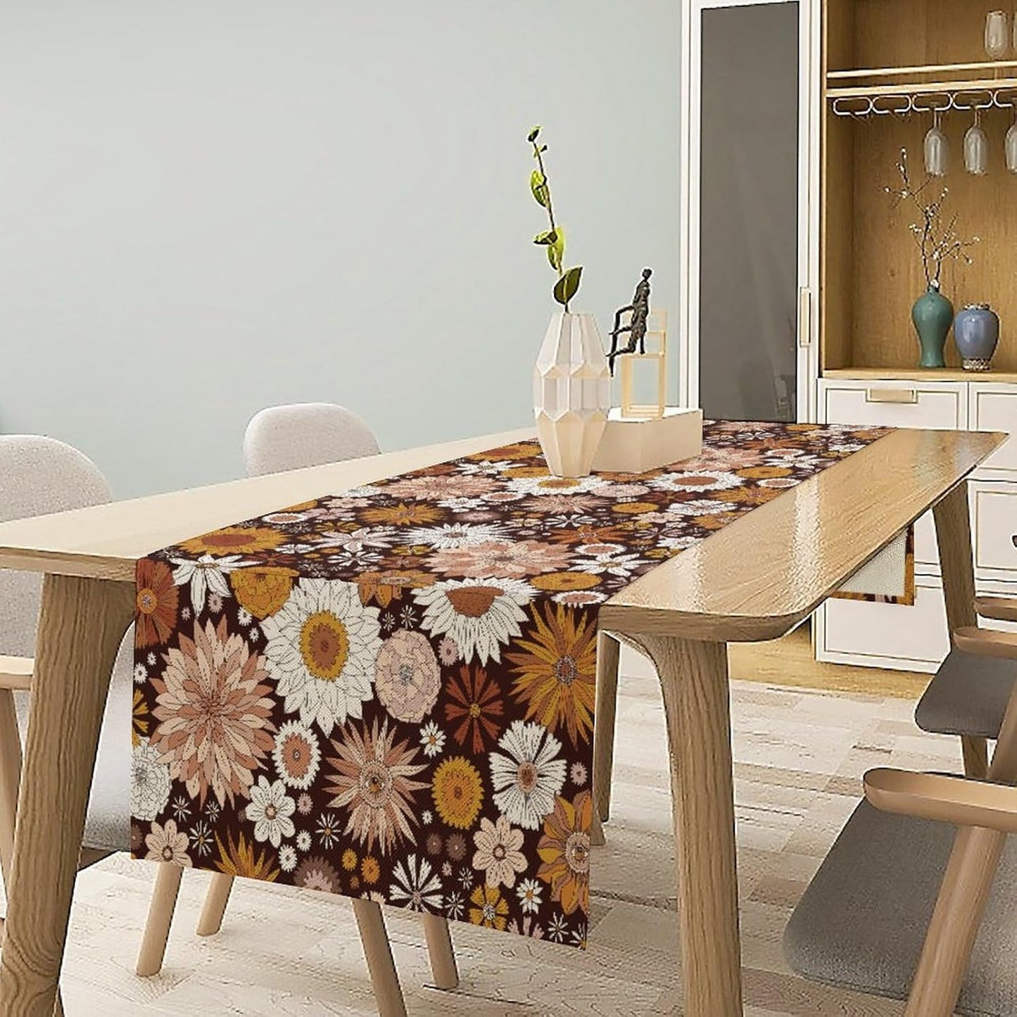 Boho Floral Table Runner, Vintage Country Farmhouse Daisy Flowers Modern Kitchen Dining Room Decoration for Indoor and Outdoor Wedding Party Banquet Table Runner 13x36 Inch