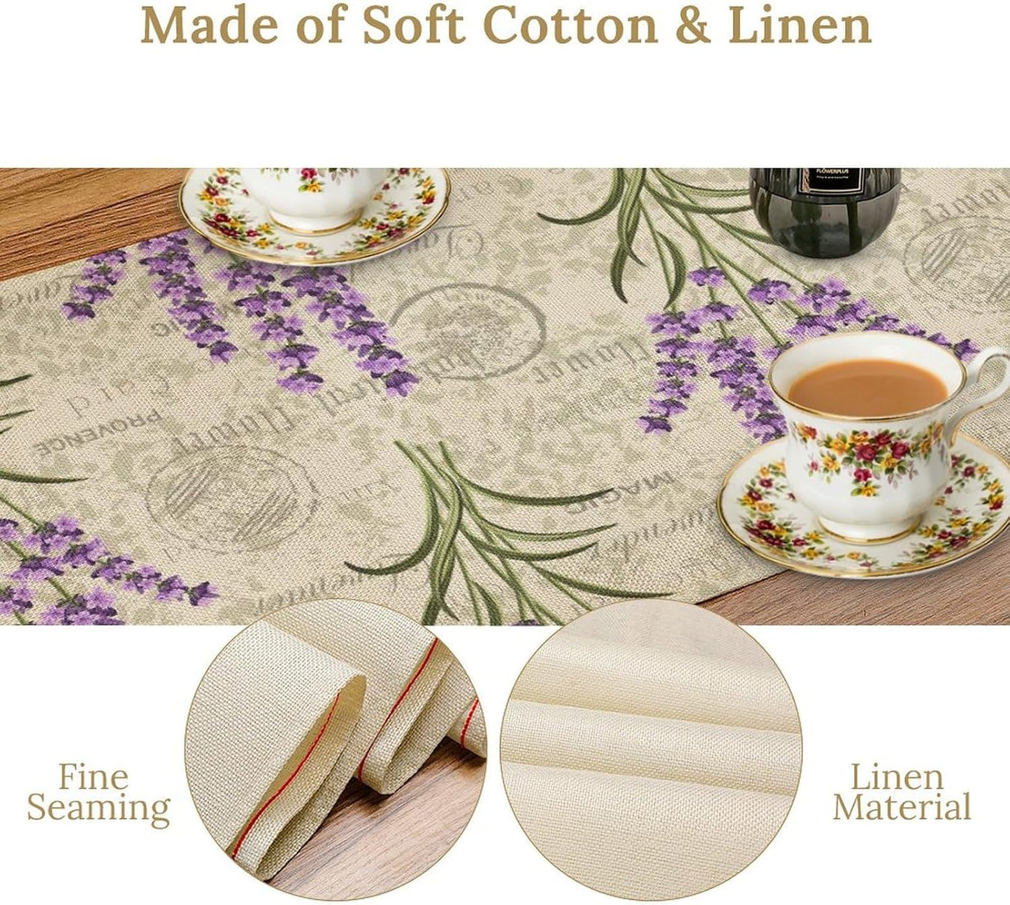 Floral Lavender Table Runner,Vintage Rustic Country Romantic Purple Flower Pattern Print Burlap for Hotel Indoors Outdoor Dining Room Kitchen Home Decor, 13x60in