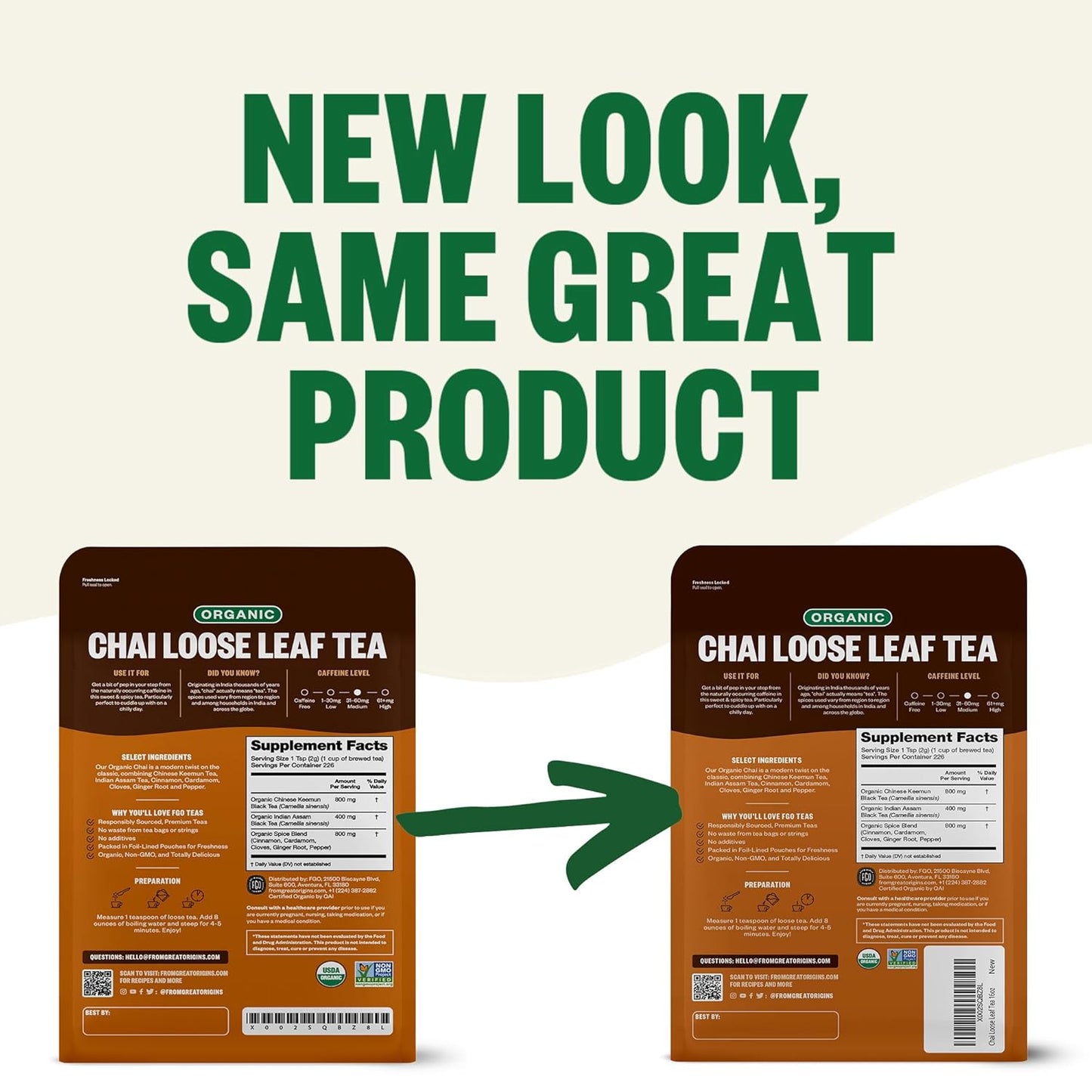 FGO Organic Chai Tea, 16 Ounce Loose Leaf Bulk Resealable Bag, Packaging May Vary (Pack of 1)