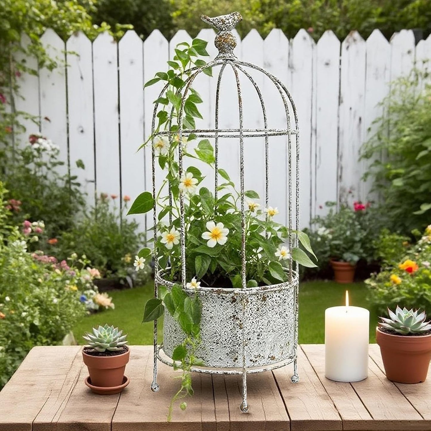 Vintage Rustic Birdcage Planter Stand, Farmhouse Distressed Decorative Metal Round Plants Holder, Outdoor Garden Flower Pot for Climbing Plants, Home Patio Yard Balconies Decor