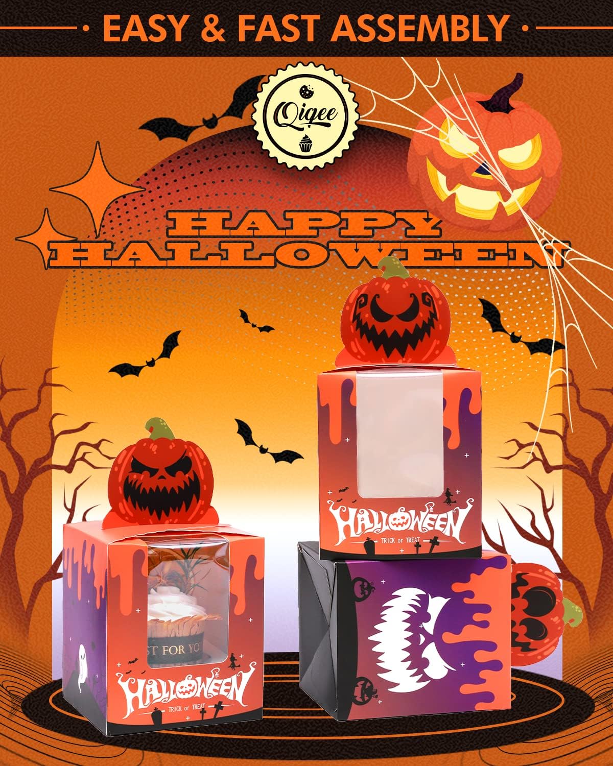 qiqee Halloween Individual Cupcake Boxes Cupcake Holders Disposable 60pcs Single Cupcake Boxes with Window 3.7" 3.7"*4.5" Cupcake Containers For Halloween
