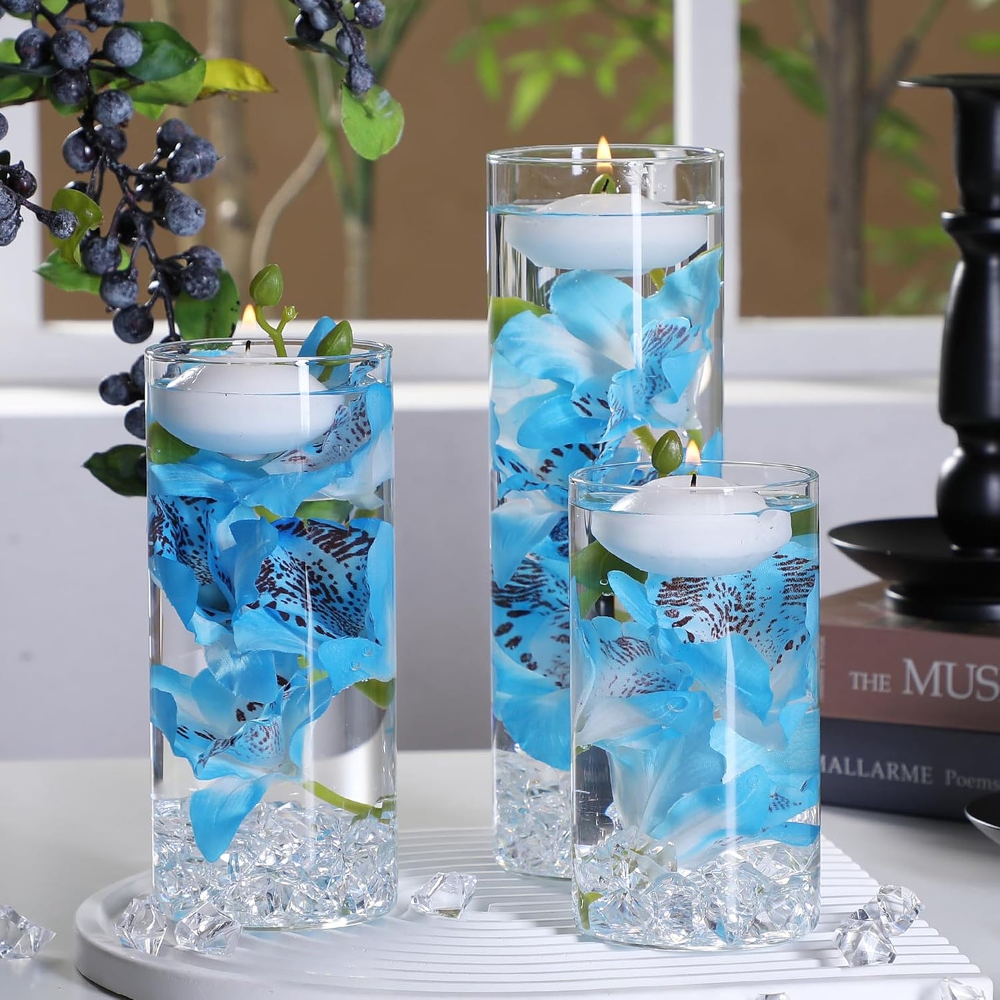 4 PCS Glass Vases for Centerpieces with 5 White Floating Candles 100 Fake Ice Acrylic Rocks Vases Fillers for Party Table Wedding Home Centerpieces Decoration