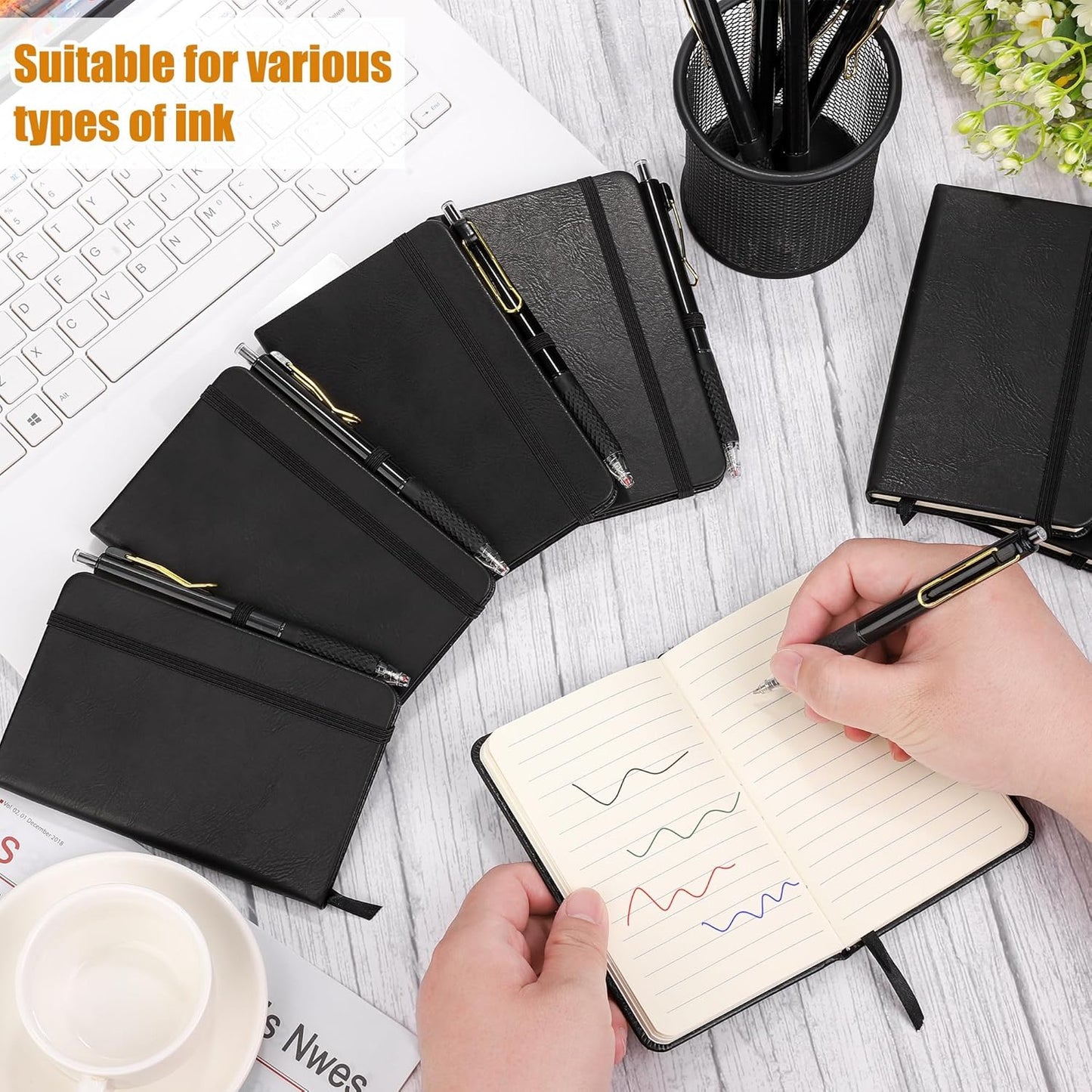 Aodaer 50 Sets Pocket Notebook Journal with Pens, 160 Pages, 3.5 x 5.5 Inch Mini Lined Journal Notebook A6 Leather Hardcover College Ruled Notepad with Pen Holder for School Office Gifts, Black