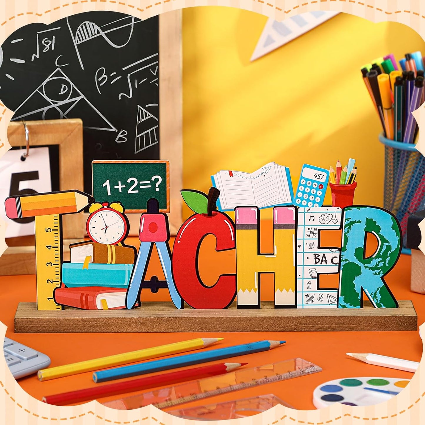 Back to School Metal Sign Teacher Appreciation Table Decor Holiday Tiered Tray Decor with Wooden Base Freestanding Metal Word Sign for Home Tabletop Centerpiece Mantel Shelf Fireplace