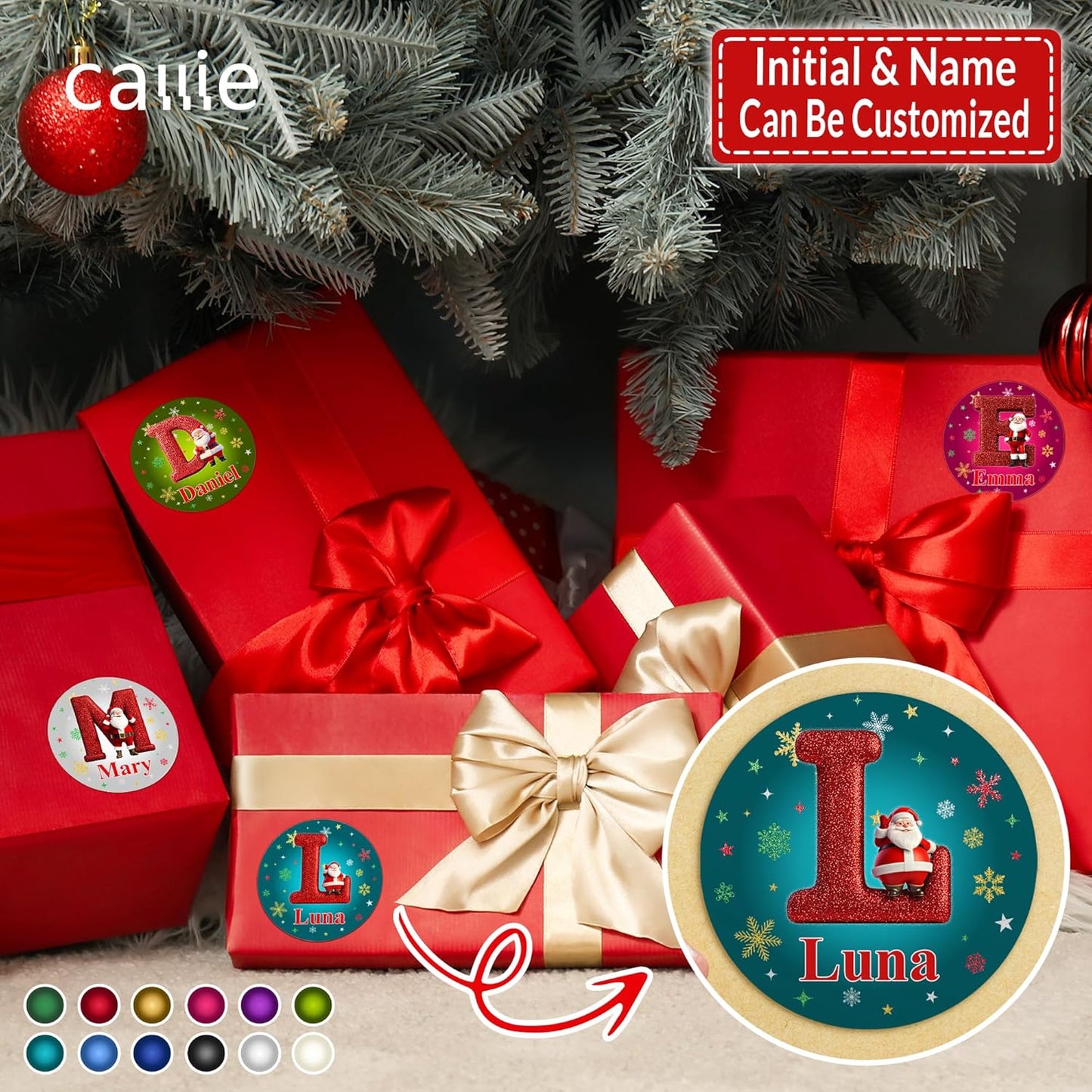 callie Personalized Christmas Stickers - Custom Name & Initial, 1.97 Inch Cartoon Santa Claus Design Merry Christmas Stickers Labels for Envelopes Seals Crafts Cards Gifts (30PCS)