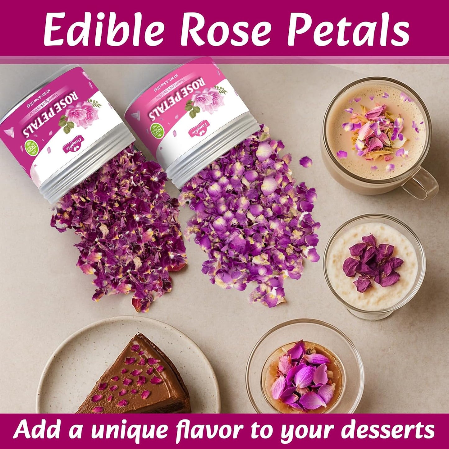 Fangkic Edible Rose Flower Petals for Cake, 2-Pack-0.5oz Each, 3AAA Food Grade Dried Double rose and Damascus Rose Flower Sprinkle for Baking, Cocktails, Tea, Soap –Gluten-Free, No Additives