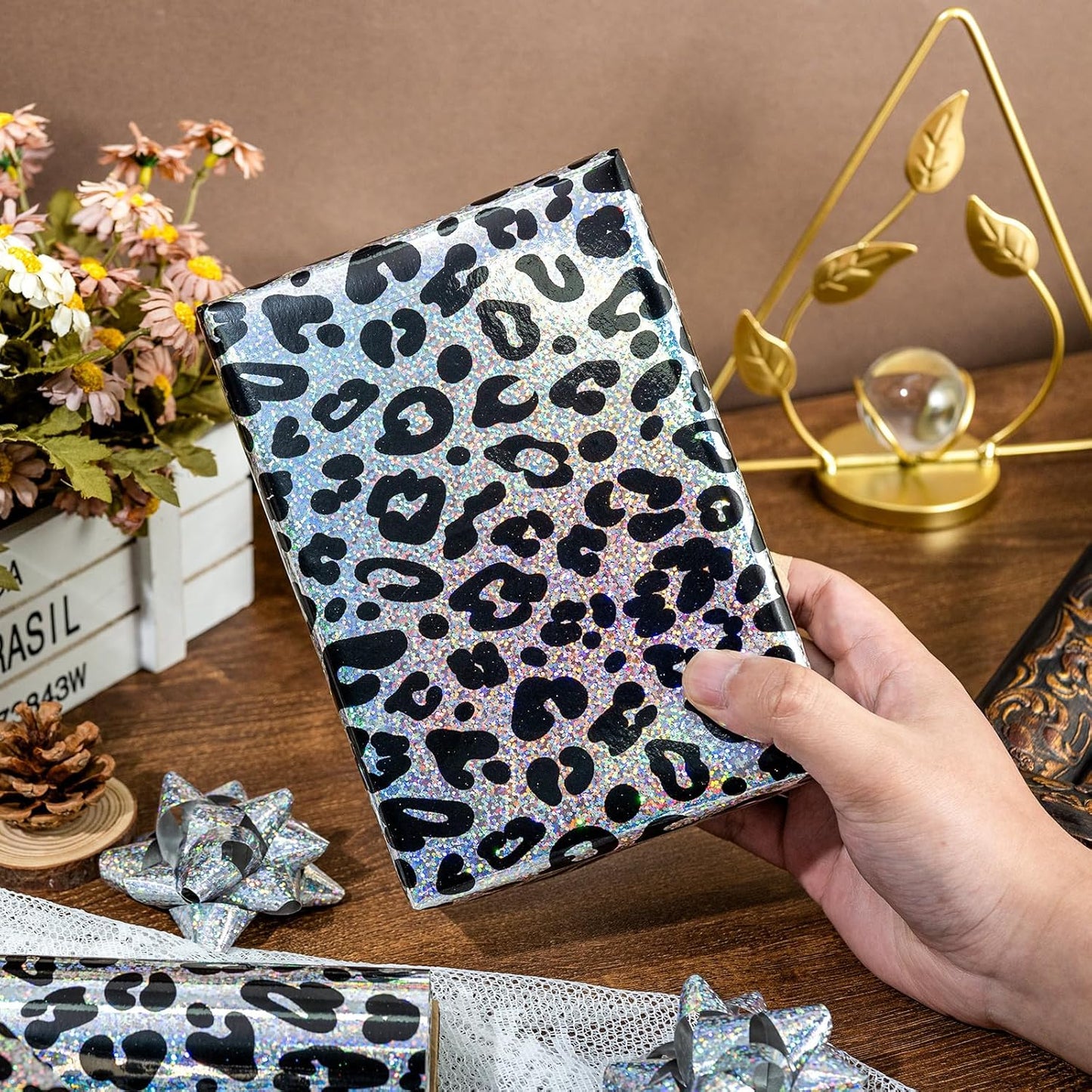 Yarcony Leopard Wrapping Paper Roll, Bold Animals Prints Wrapping Paper, Glitter Black White Cheetah Gift Wrap w/Metallic Shine for Birthday, Graduatios, Bachelorette, Christmas (17 Inch X 33 Feet)