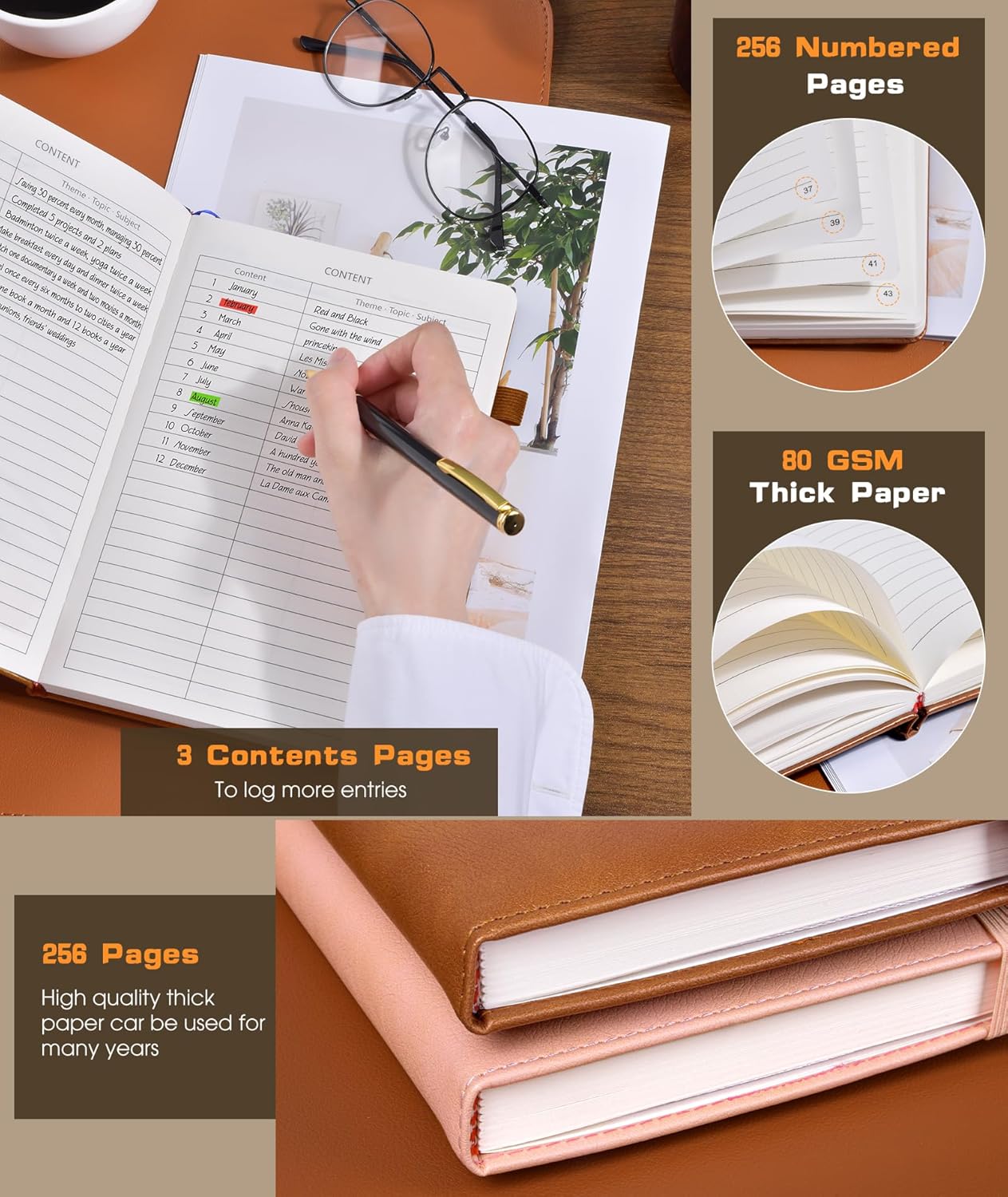 Lined Journal Notebook for Women Men, 256 Numbered Pages Hardcover Leather Journals for Writing, A5 Journaling Notebooks, College Ruled Journal for Business Work School 5.75" x 8.38" Light Brown